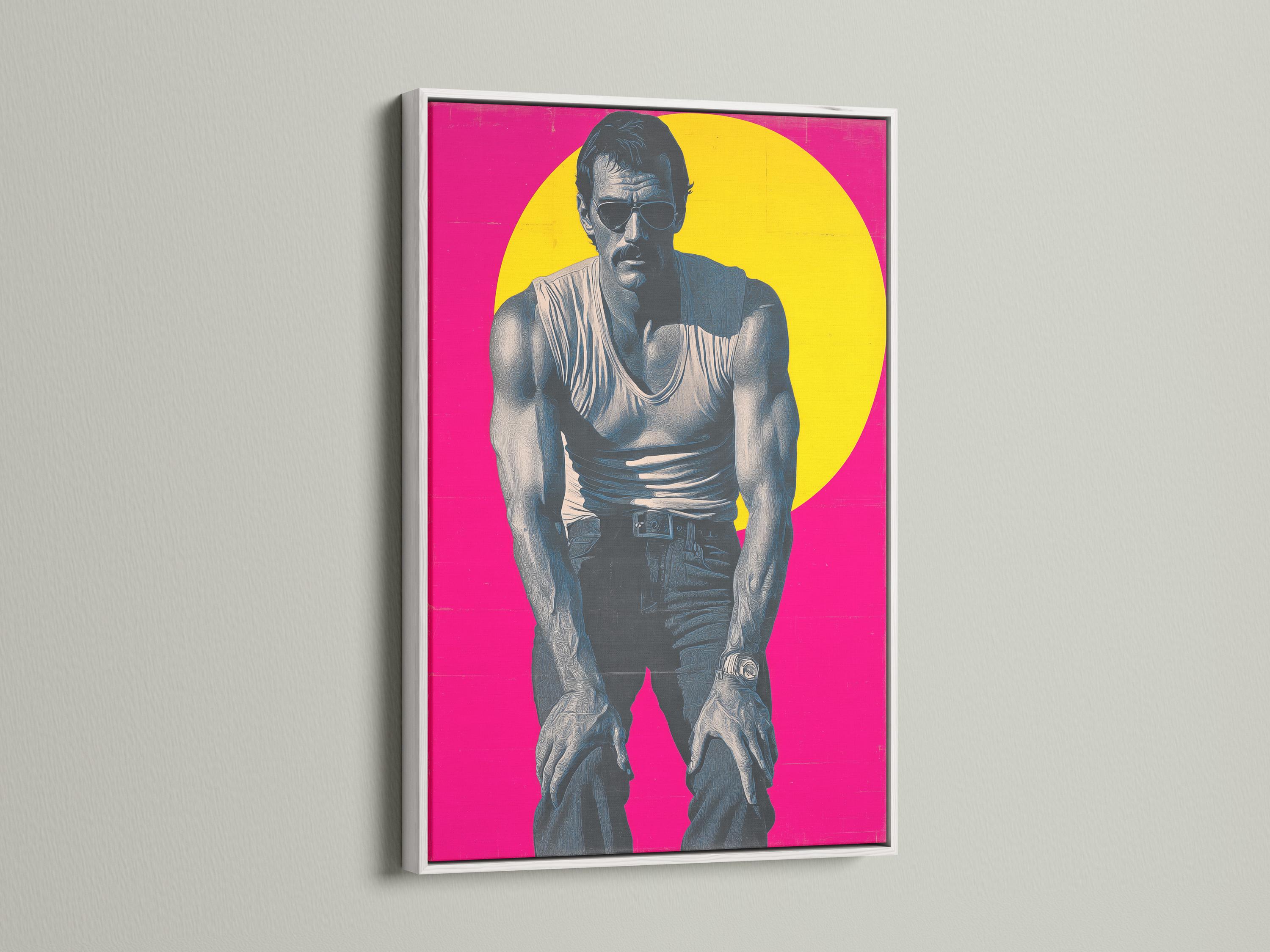 Retro pop art portrait of a man with sunglasses and tattoos on a hot pink background detail view