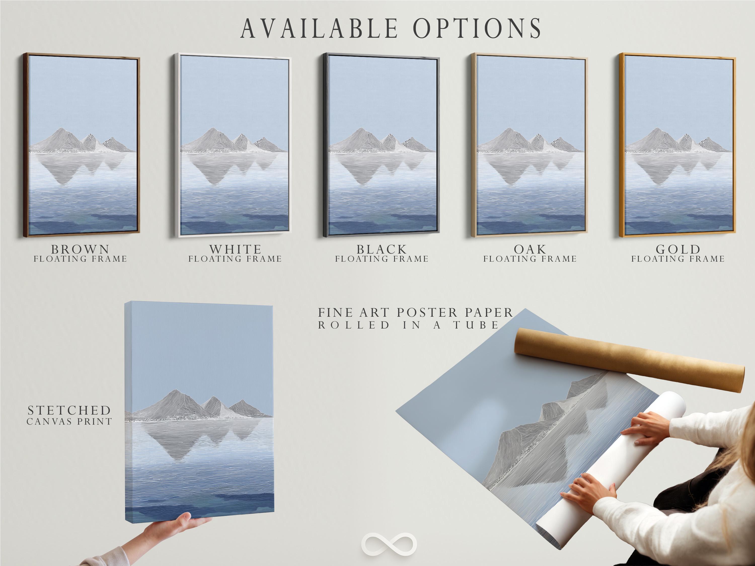 Wall mockup showing a framed blue minimalist mountain reflection landscape artwork