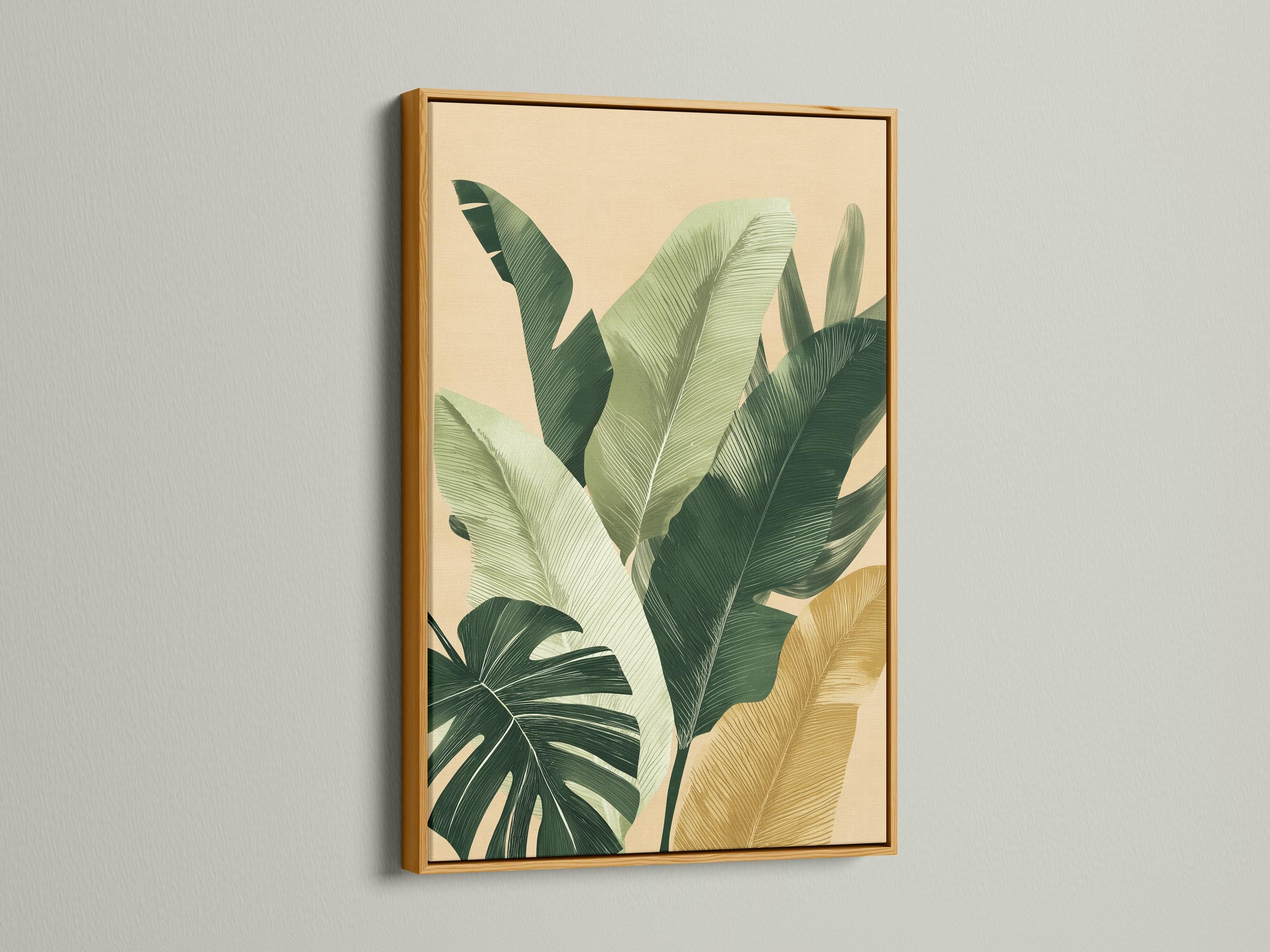 Botanical leaf artwork shown on a framed wall display with additional product views around it
