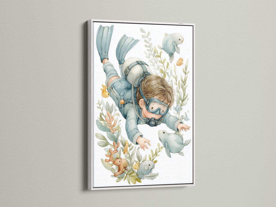 Mockup showing a framed underwater diver illustration with fish and coral
