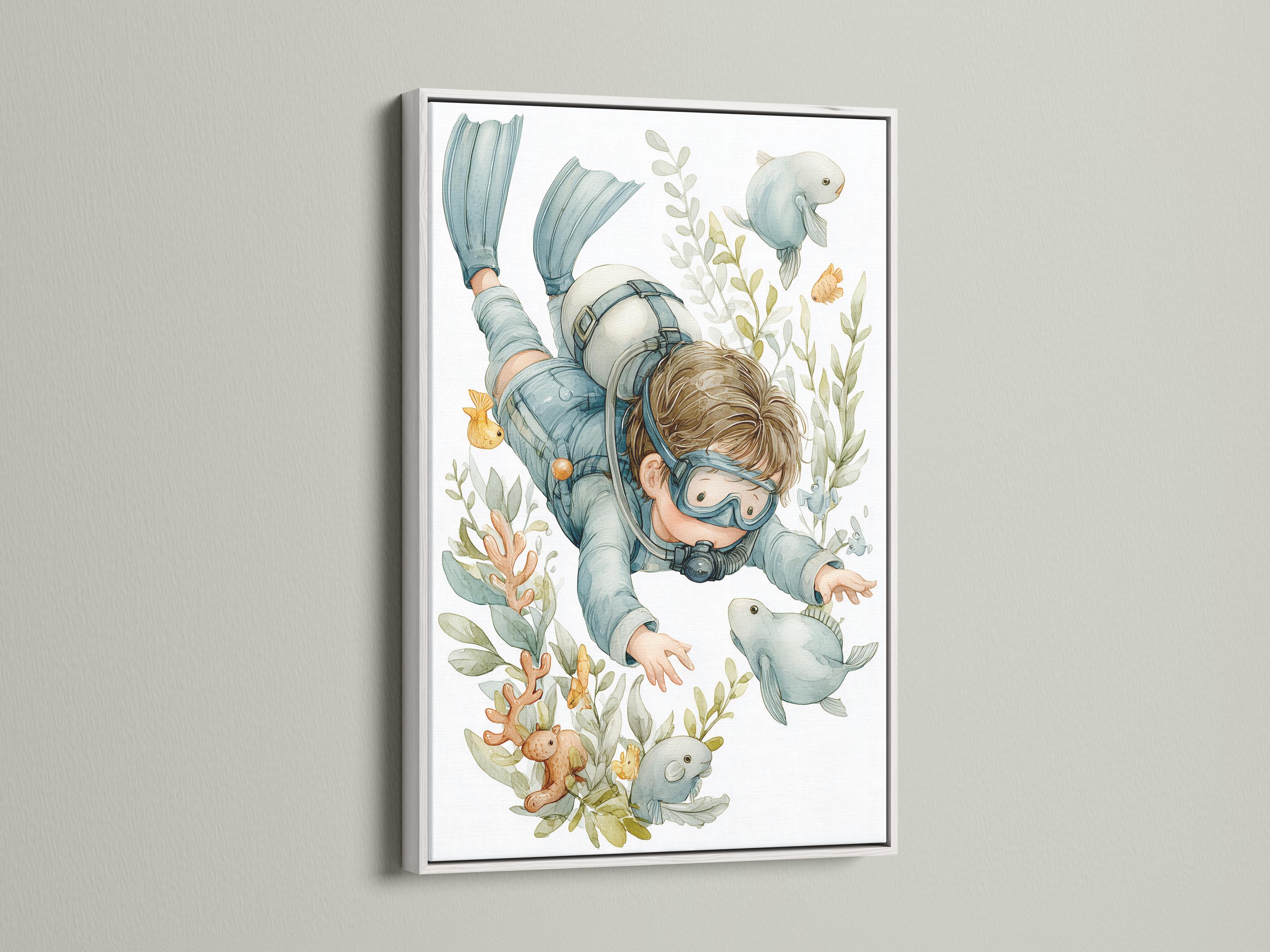Mockup showing a framed underwater diver illustration with fish and coral