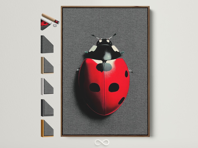 Stylised ladybug beetle in red and black with large spots on a dark speckled background