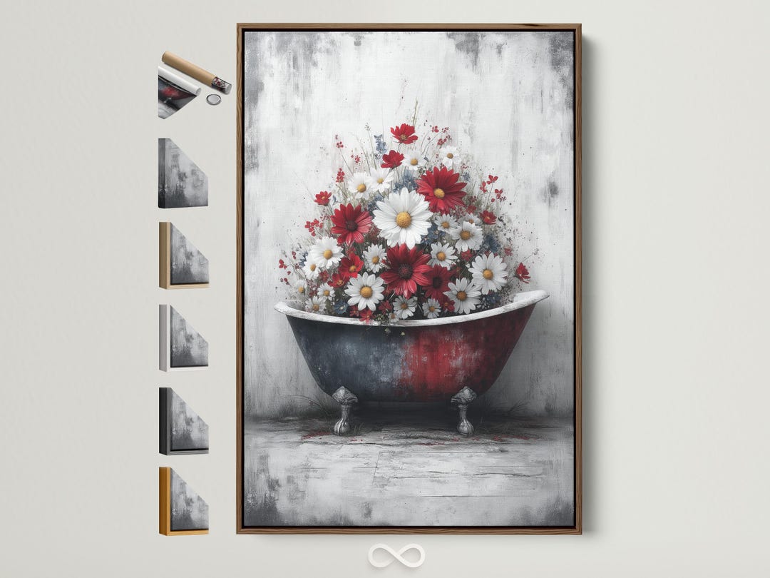 Vintage Bathtub Canvas Art - Floral Bathroom Wall Decor, Rustic ...