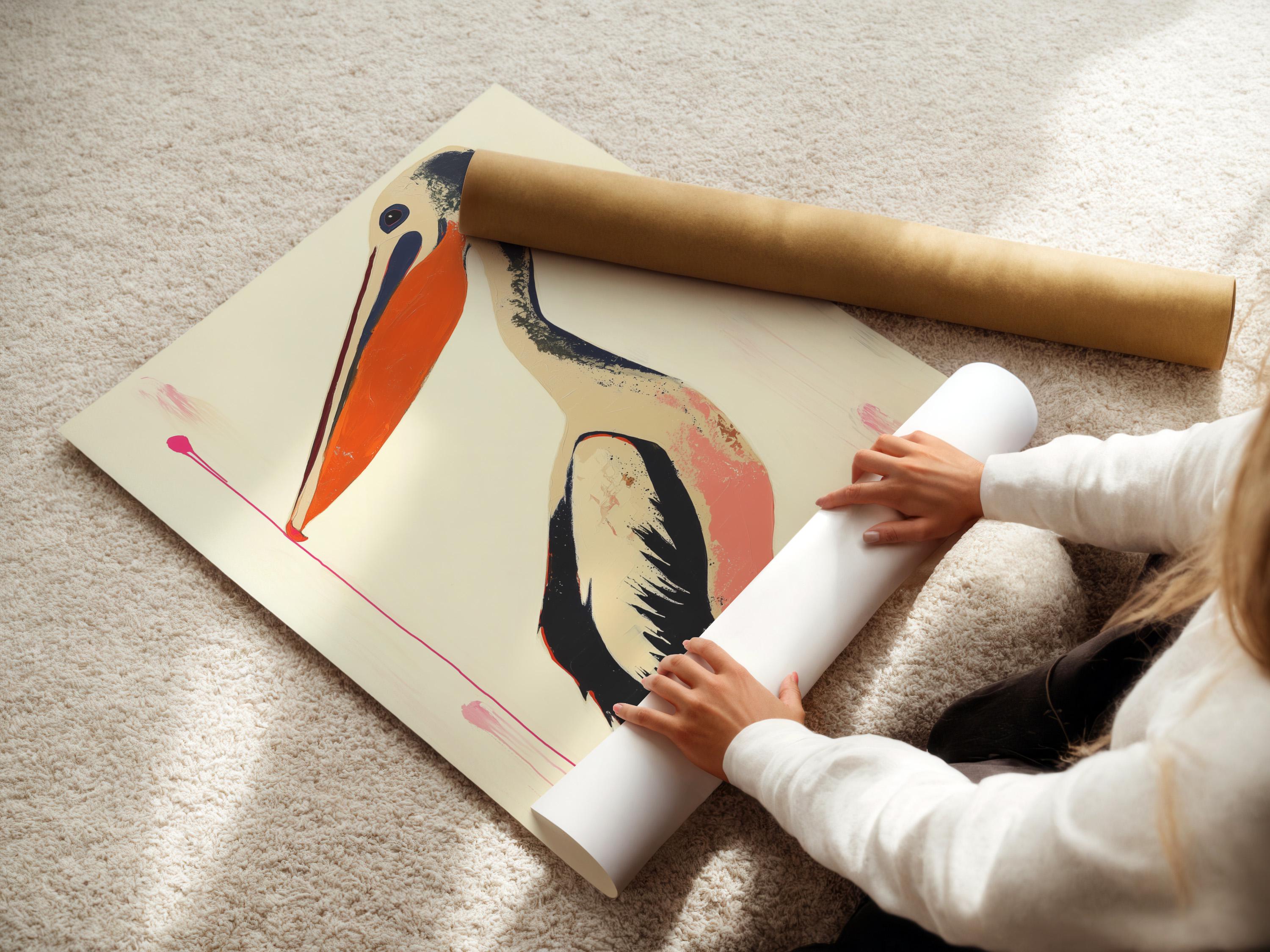 Stylised pelican with warm orange beak on a cream background and pink drips detail view