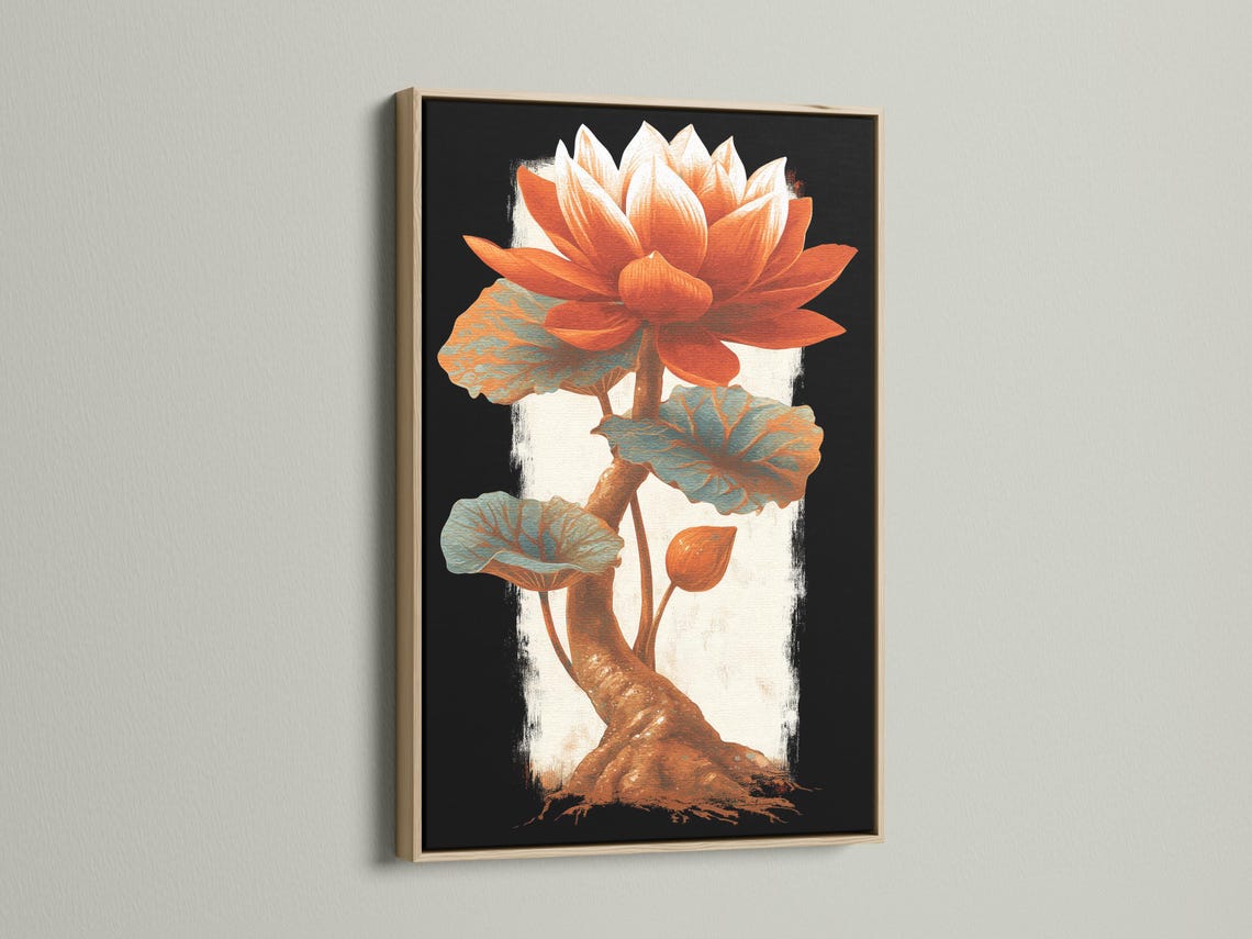 Room mockup showing a portrait lotus flower artwork with burnt orange petals and teal leaves