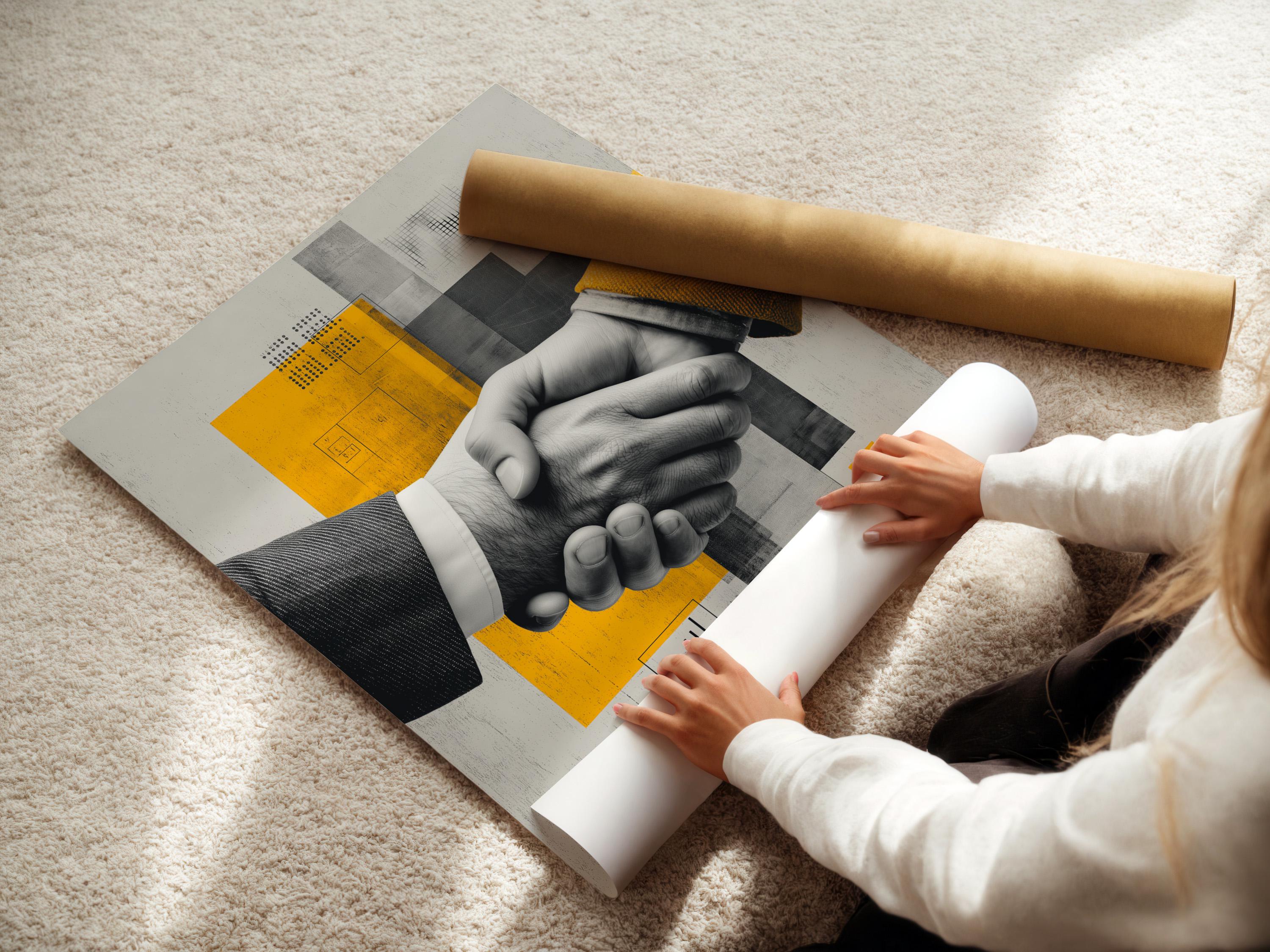 Black-and-white handshake centred in a geometric grey and yellow abstract design detail view