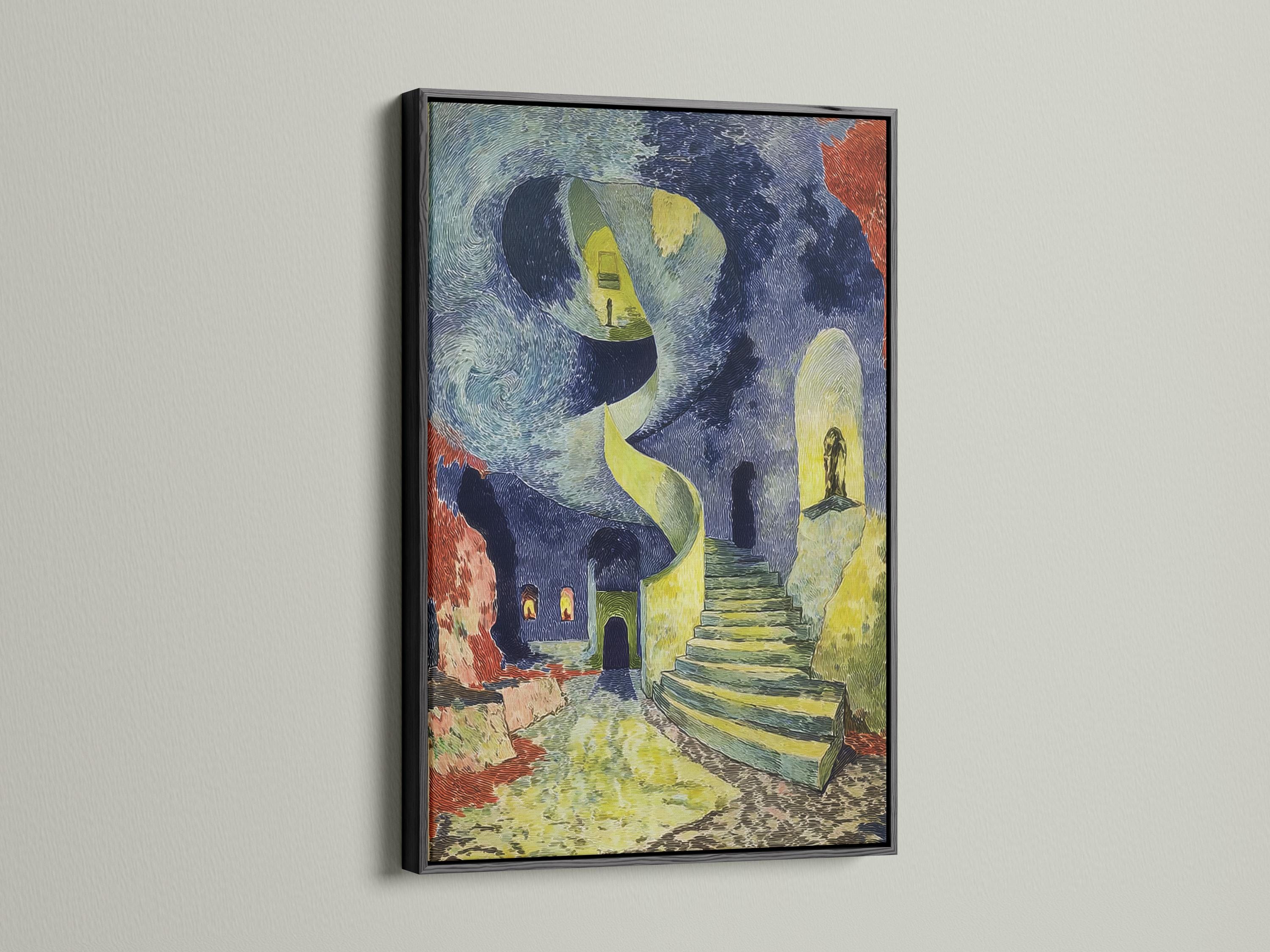 Room mockup showing framed surreal spiral staircase artwork with blue and green tones