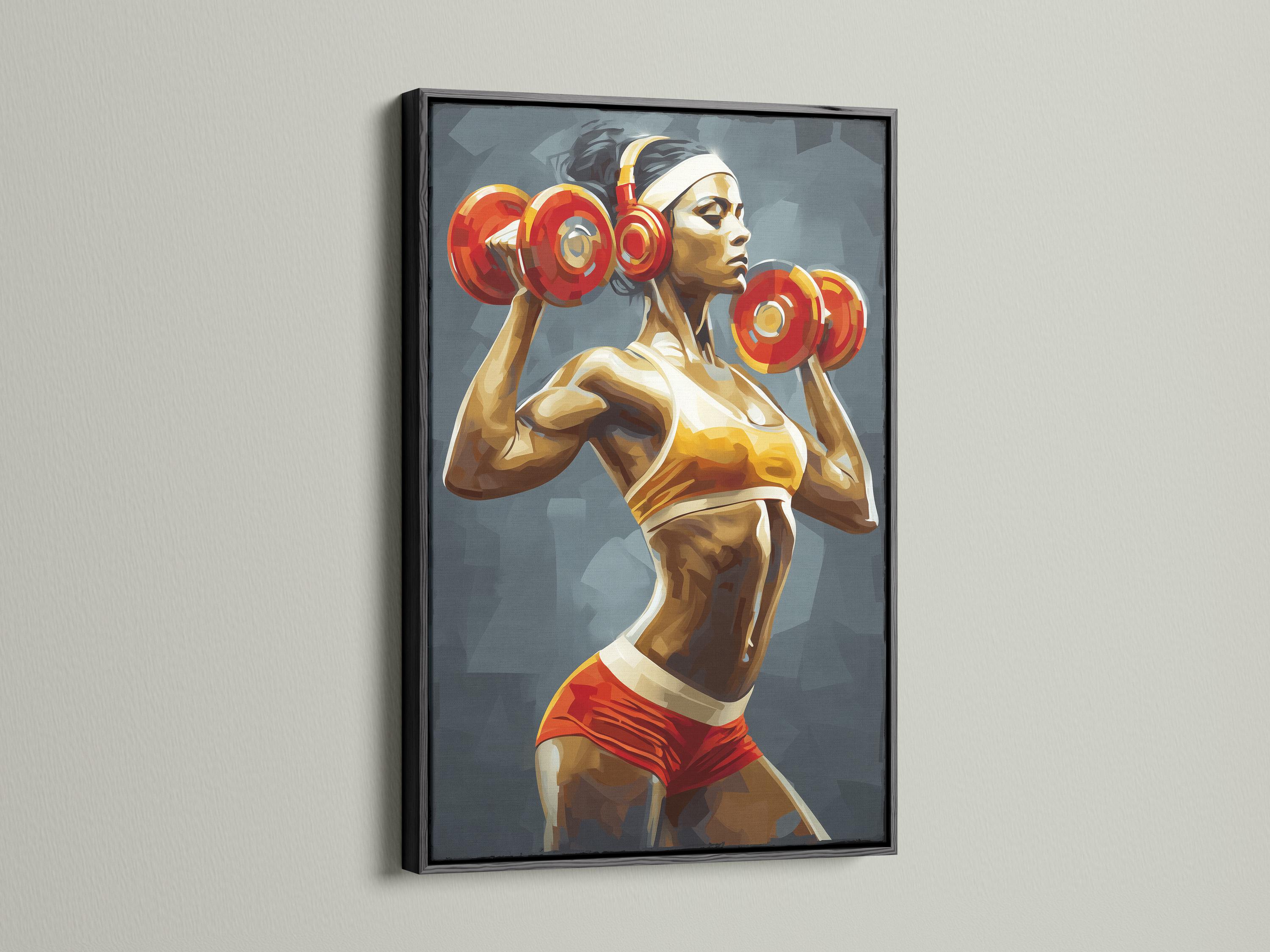 Stylised strong woman weightlifting artwork holding two red dumbbells against a blue background detail view