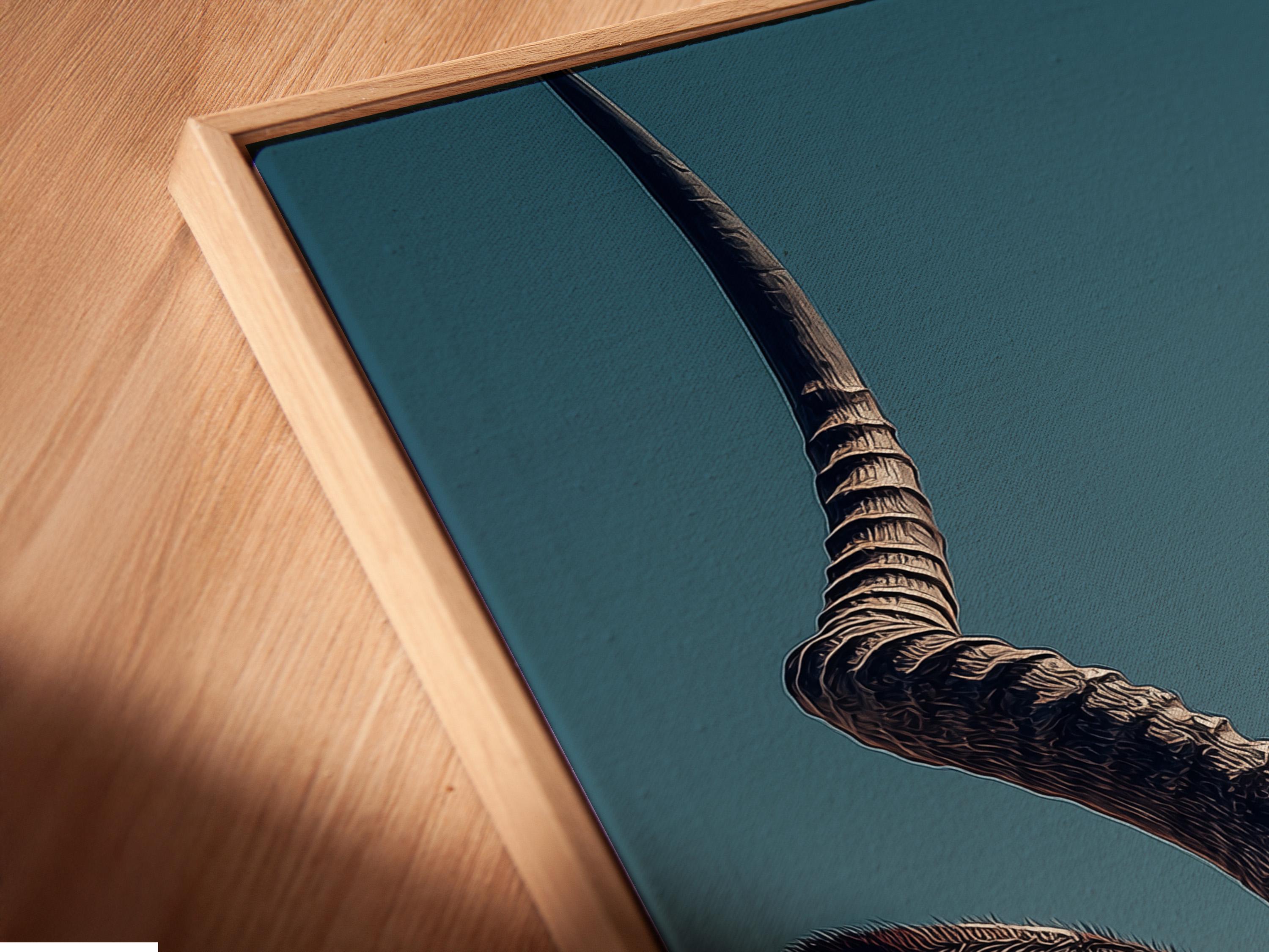 Antelope portrait illustration with long curved horns on a teal background detail view