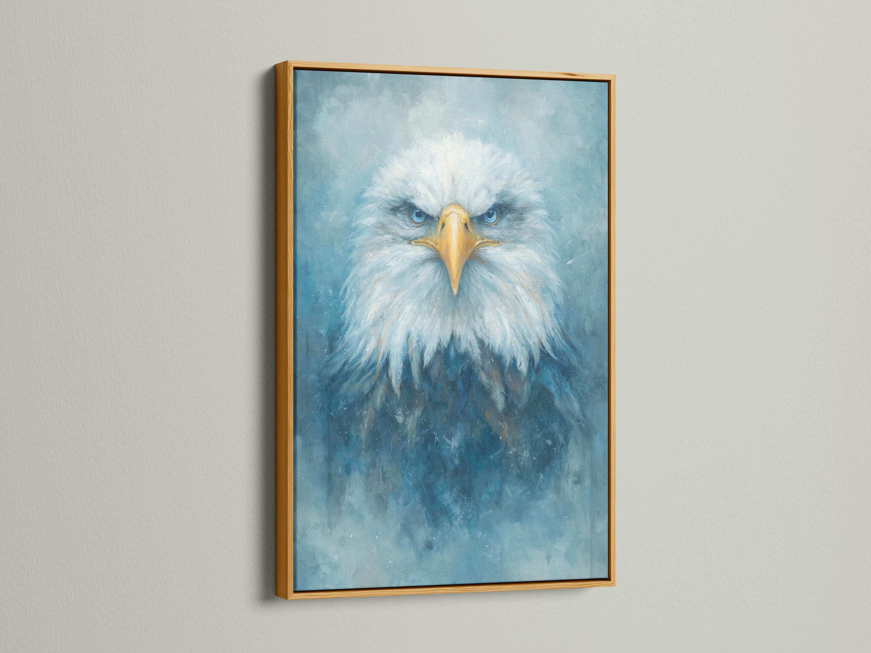 Blue and gold eagle portrait with radiating feathers on a textured teal background detail view