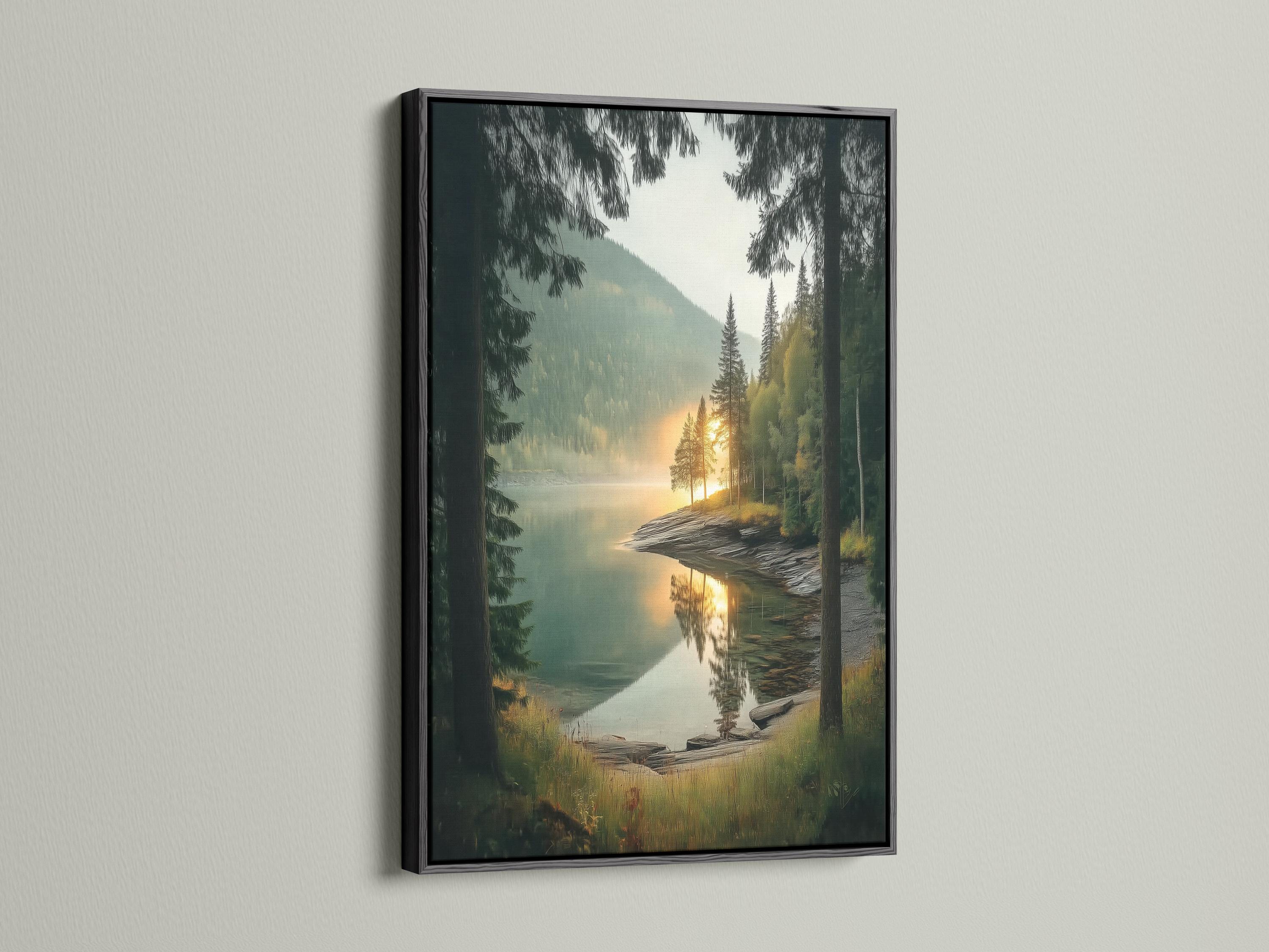 Landscape artwork of a misty lake with evergreen trees and sunrise reflections detail view