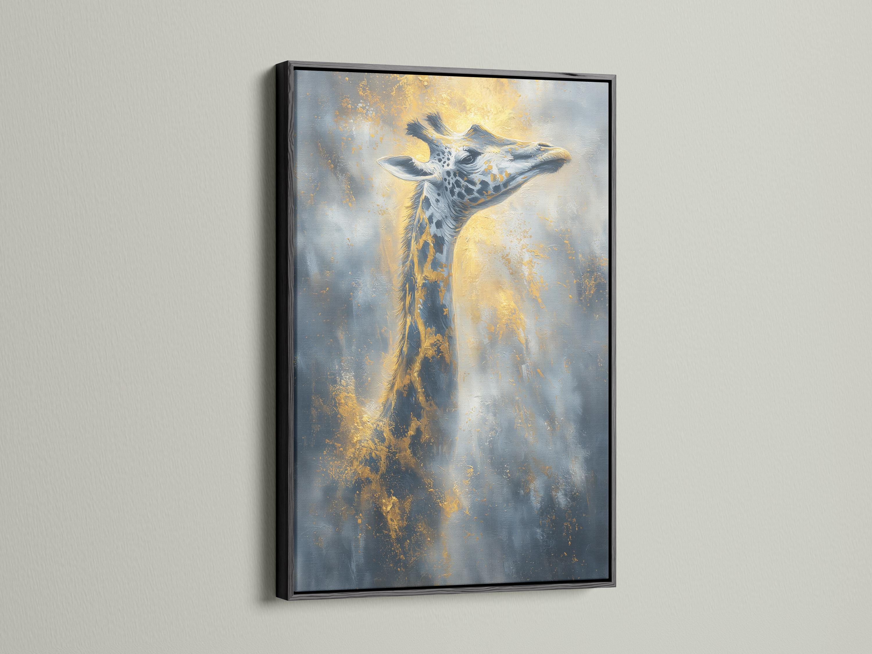 Stylised giraffe portrait in blue and grey with warm gold highlights and speckled texture detail view