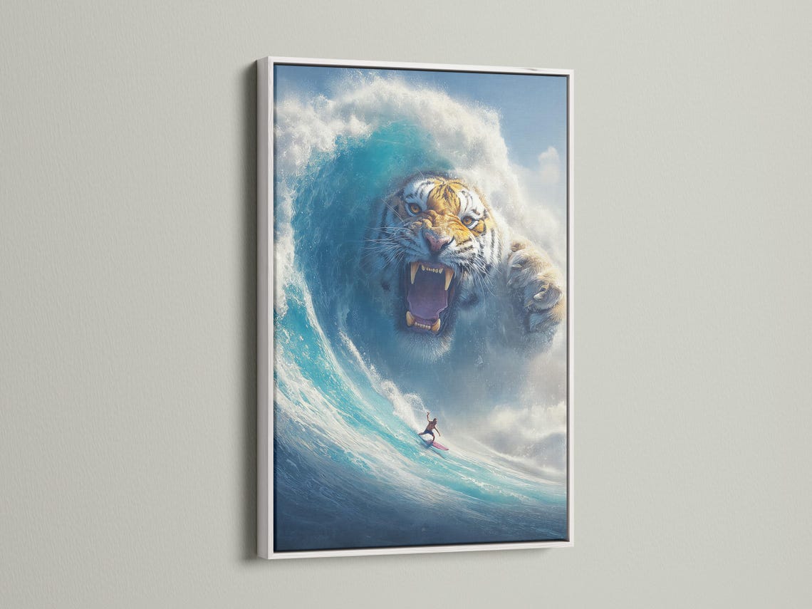 Wall mockup showing framed ocean fantasy tiger wave artwork