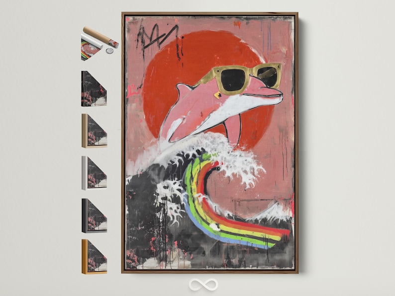 A stylised pink dolphin in pop-art style is shown diving through a graffiti-like backdrop with bold rainbow accents and drips