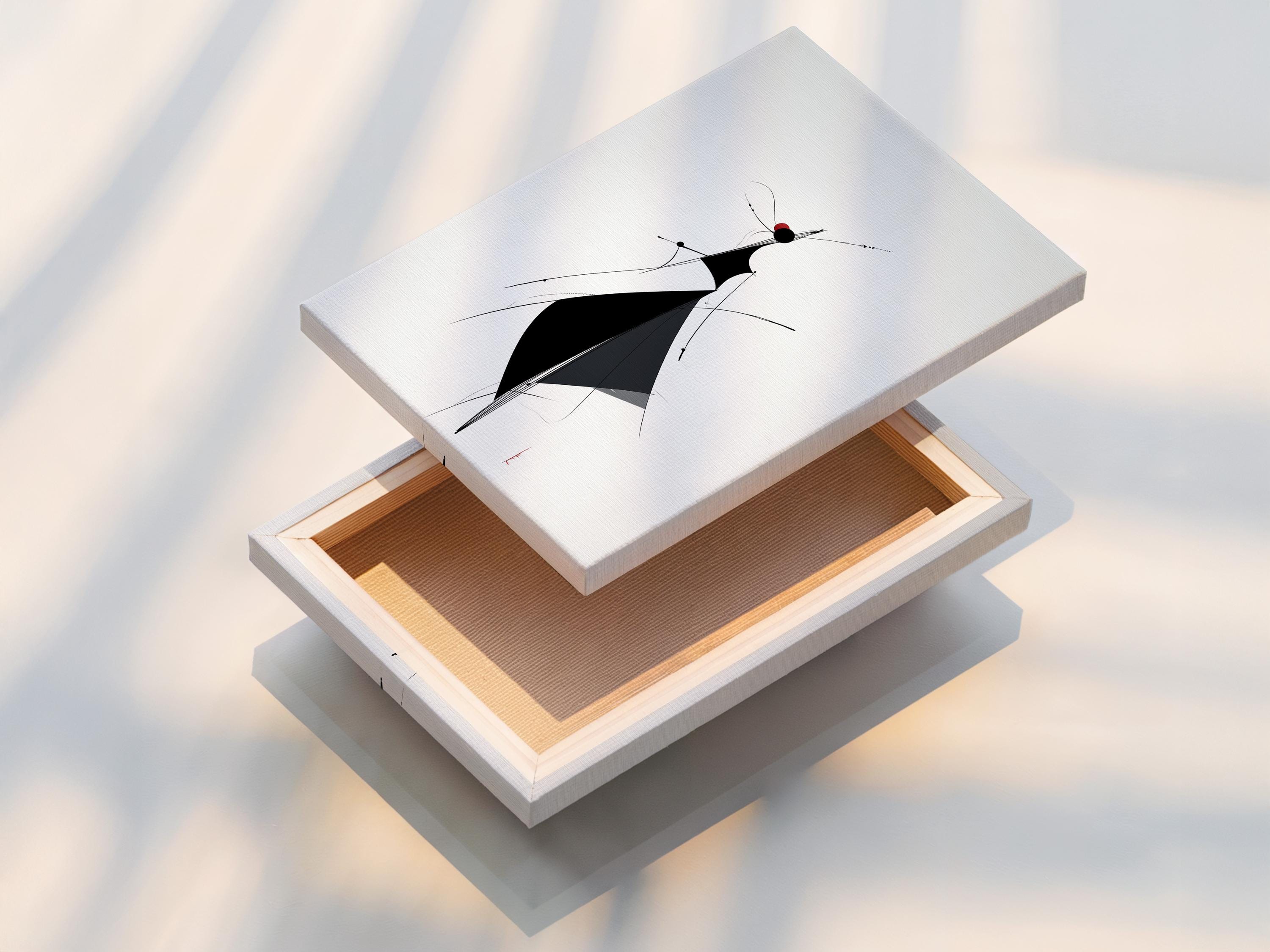 Minimalist line figure artwork with black shapes and deep red accents on a light background detail view