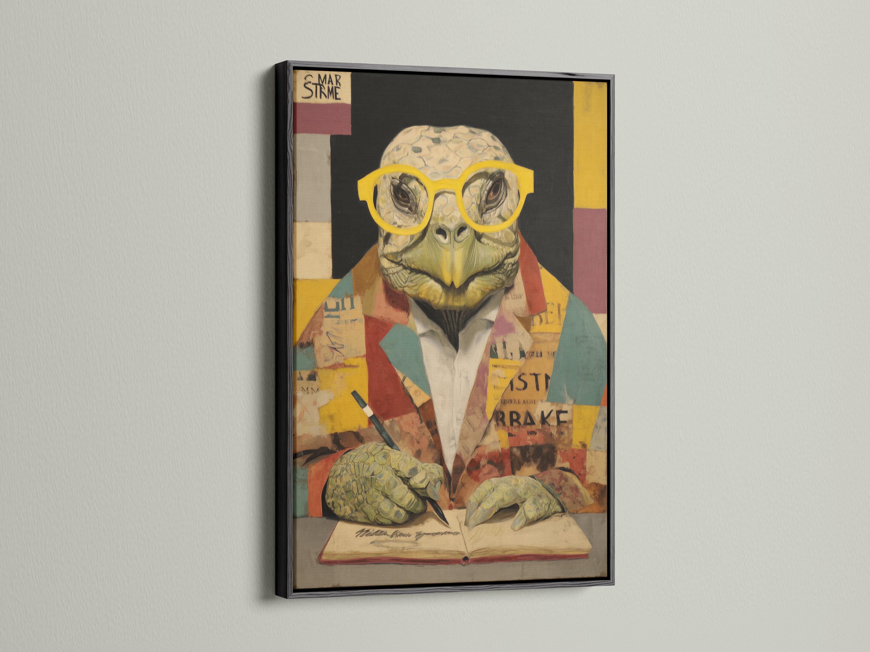Collage-style turtle wearing yellow round glasses at an open book with patchwork background detail view