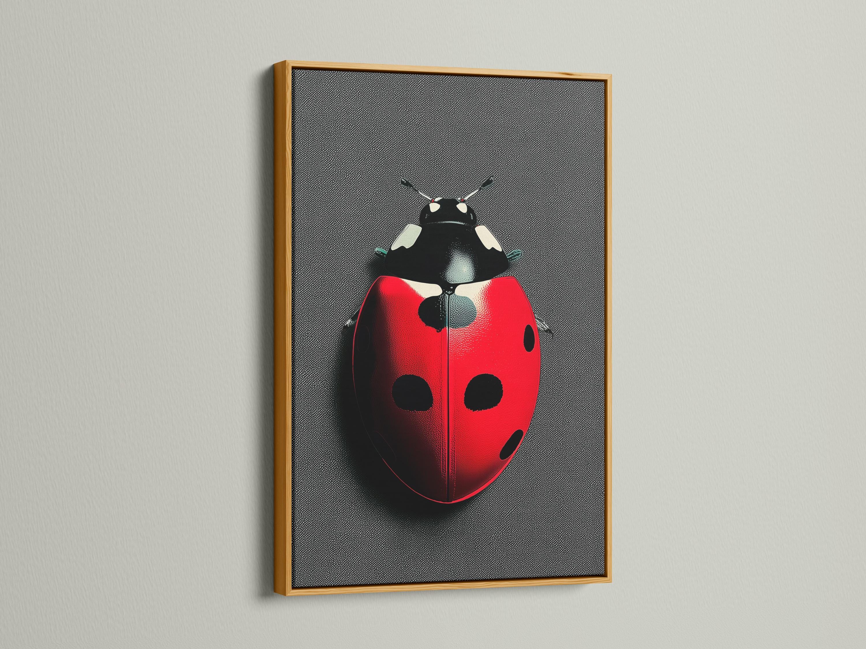 Ladybug beetle artwork displayed in a frame on a wall with hanging accessories to one side