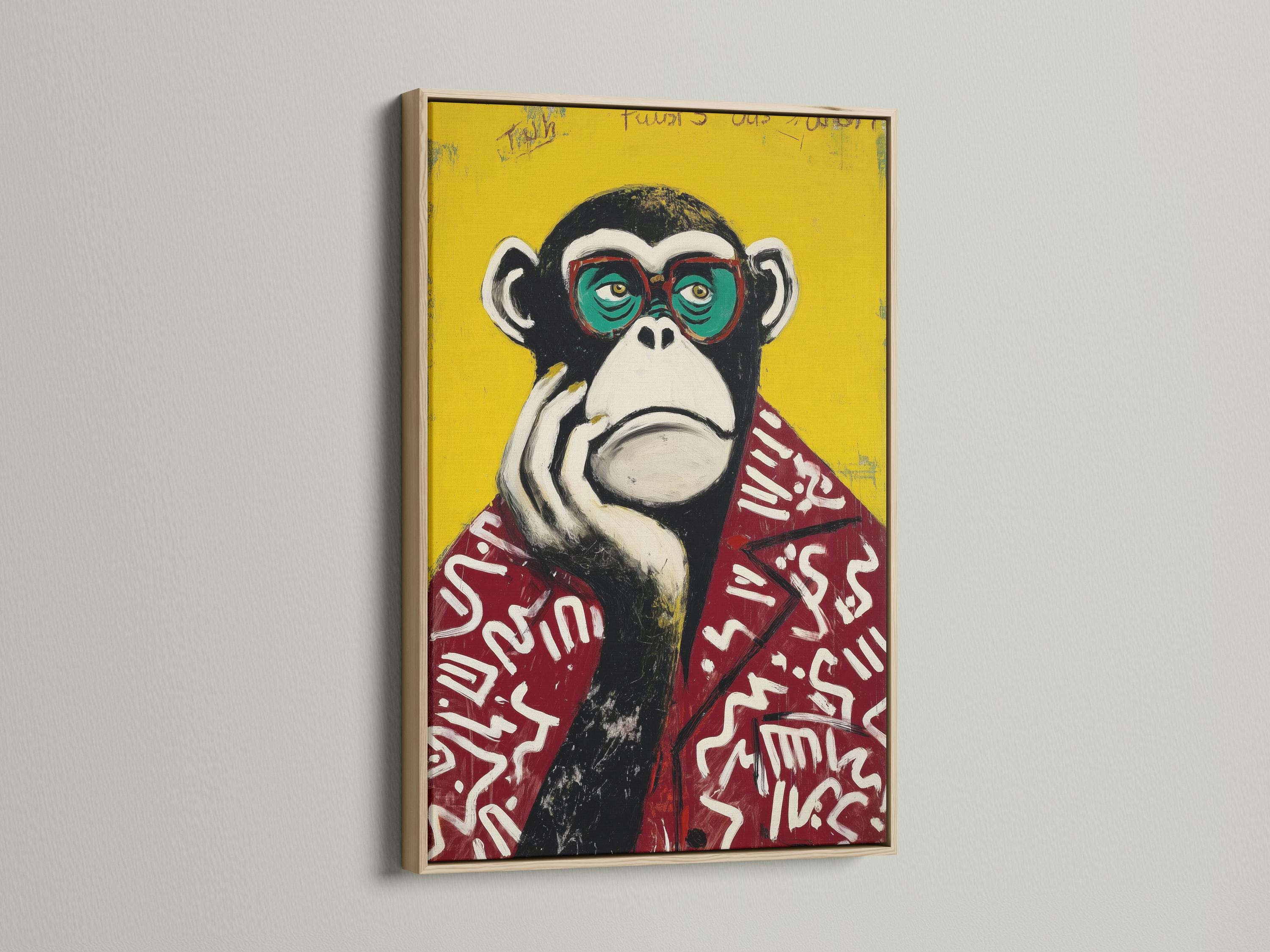 Portrait of a stylised monkey wearing oversized round glasses against a bright yellow background detail view