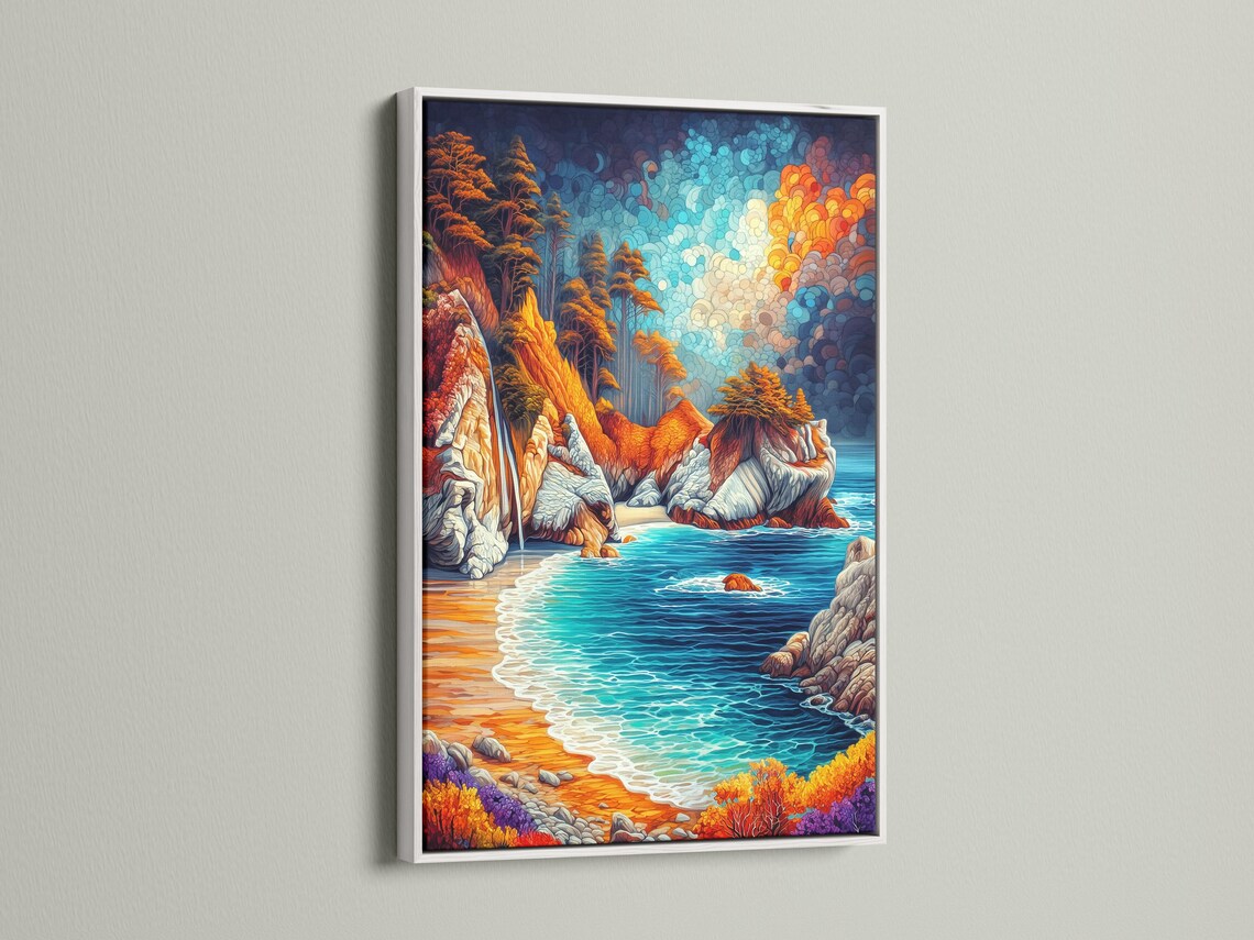 Vibrant ocean shoreline seascape with turquoise waves, orange cliffs and textured blue sky circles detail view