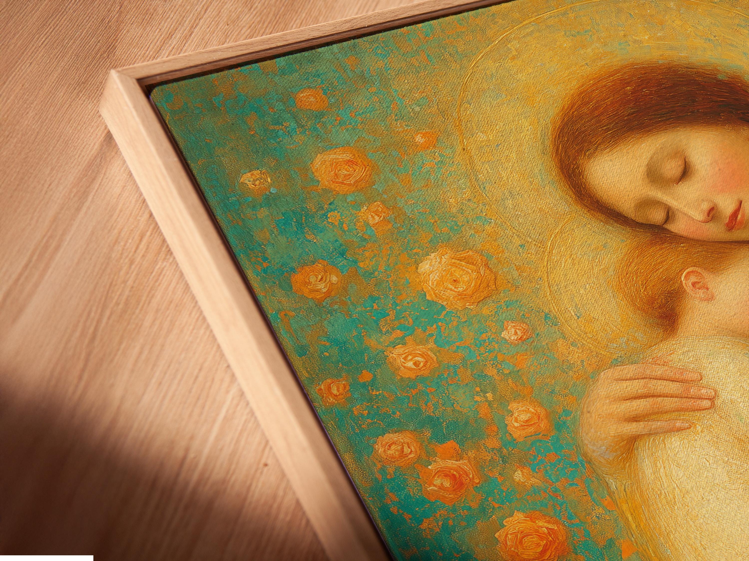 Warm gold mother holding a sleeping baby with halo against a teal patterned background detail view