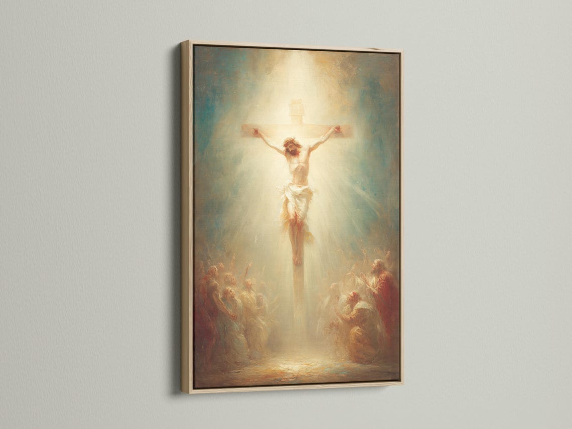 Crucifixion scene with a central figure on a cross and a glowing cream background detail view