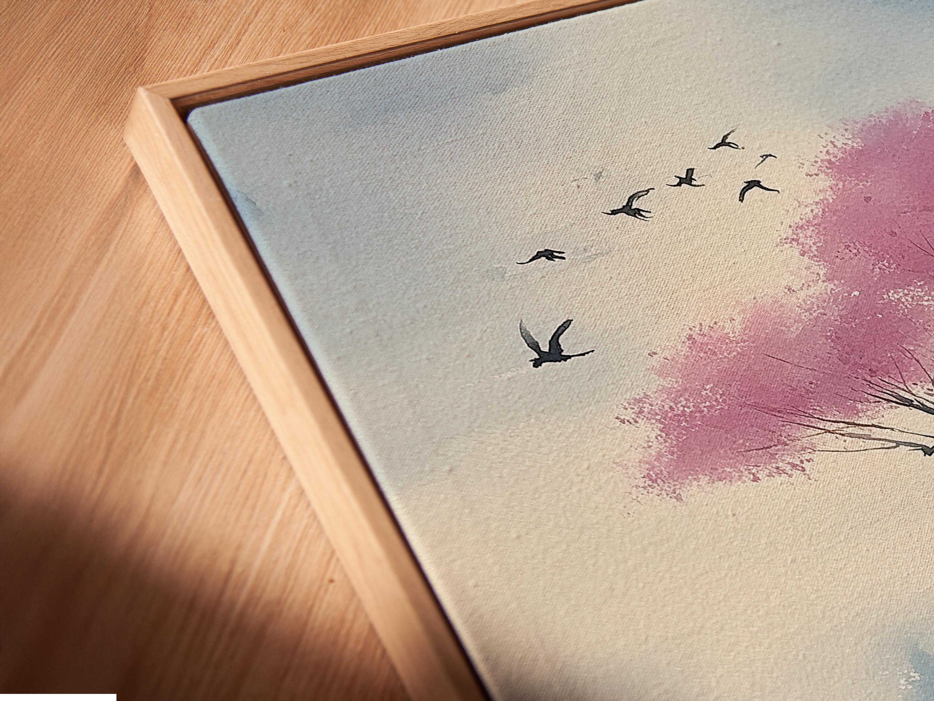 Blossoming pink cherry blossom tree landscape with birds and distant houses detail view