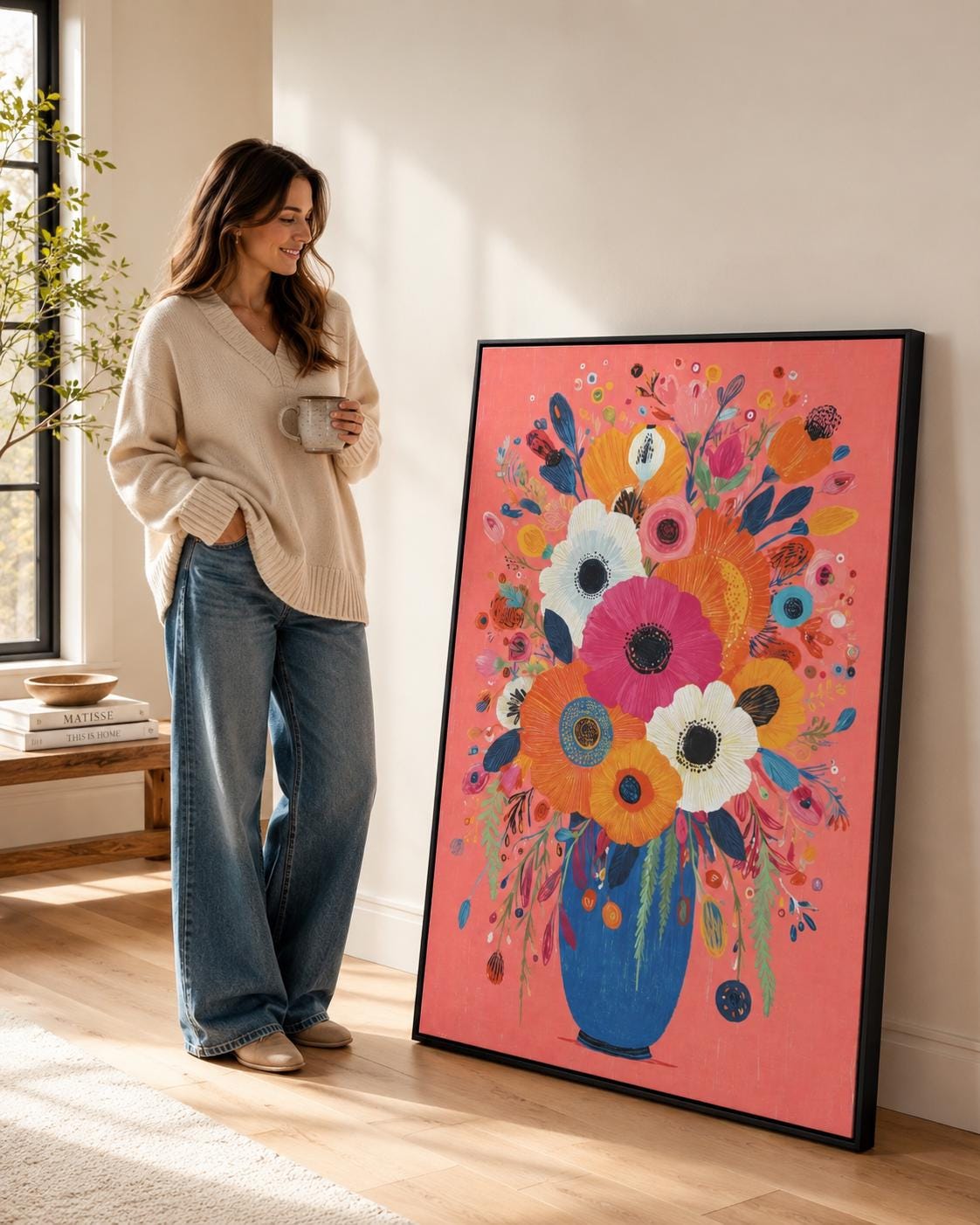 Stylised floral bouquet with large pink flowers in a blue vase on a coral background detail view