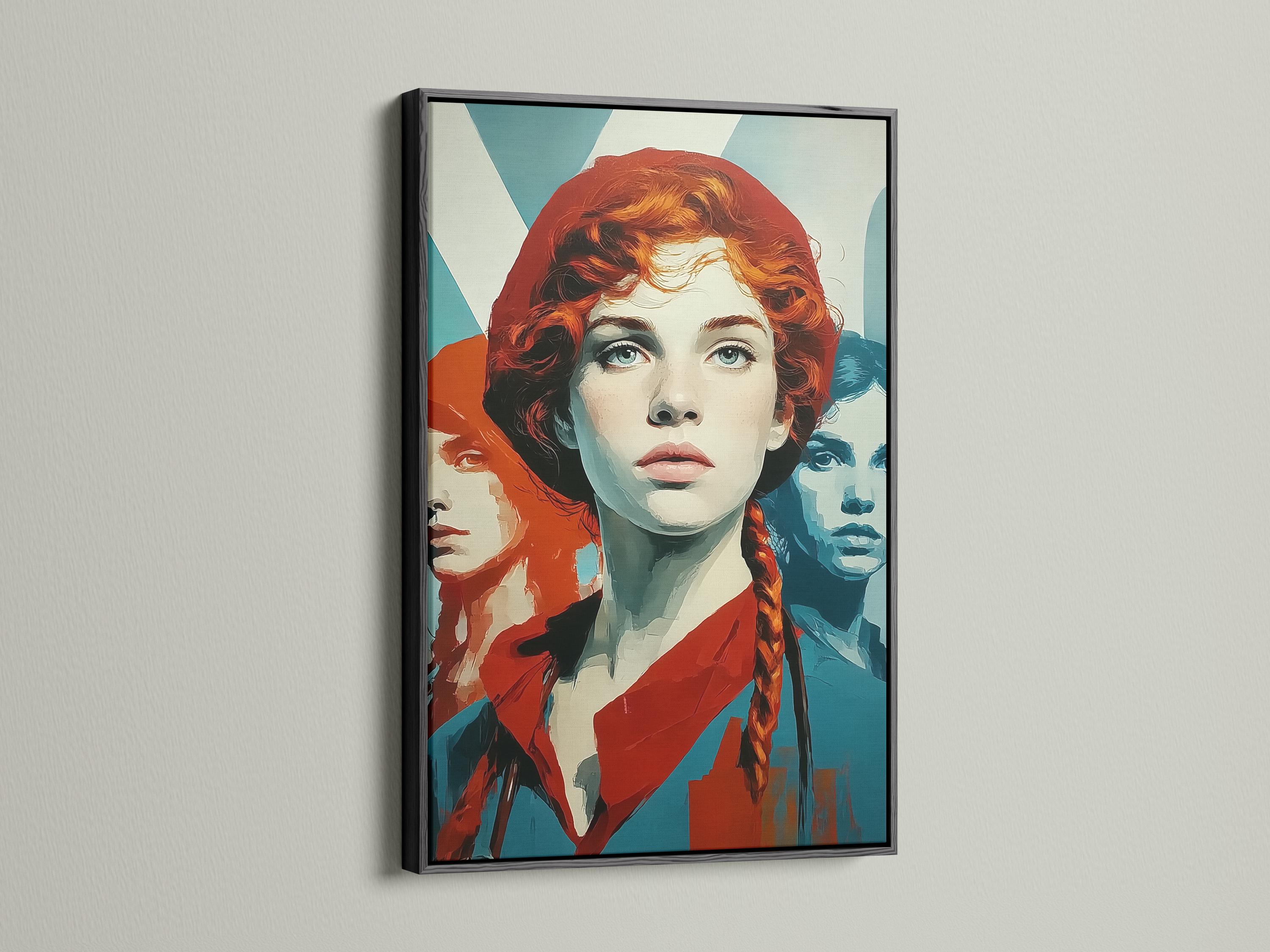 Retro pop-art portrait of a red-haired woman with teal and orange colour blocks detail view