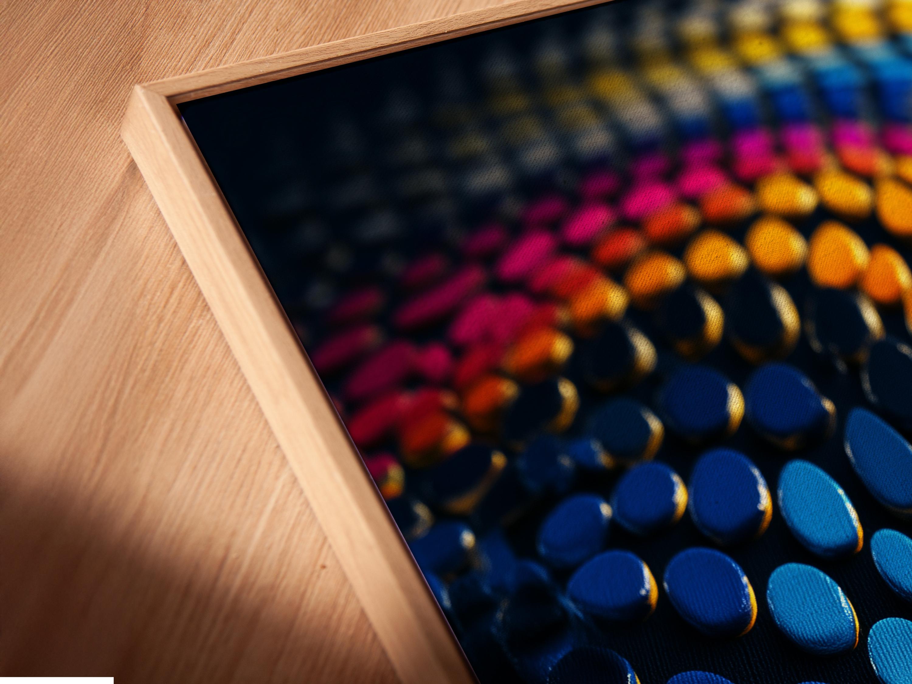 Abstract dots wave in blue, purple, yellow and orange on a dark background detail view