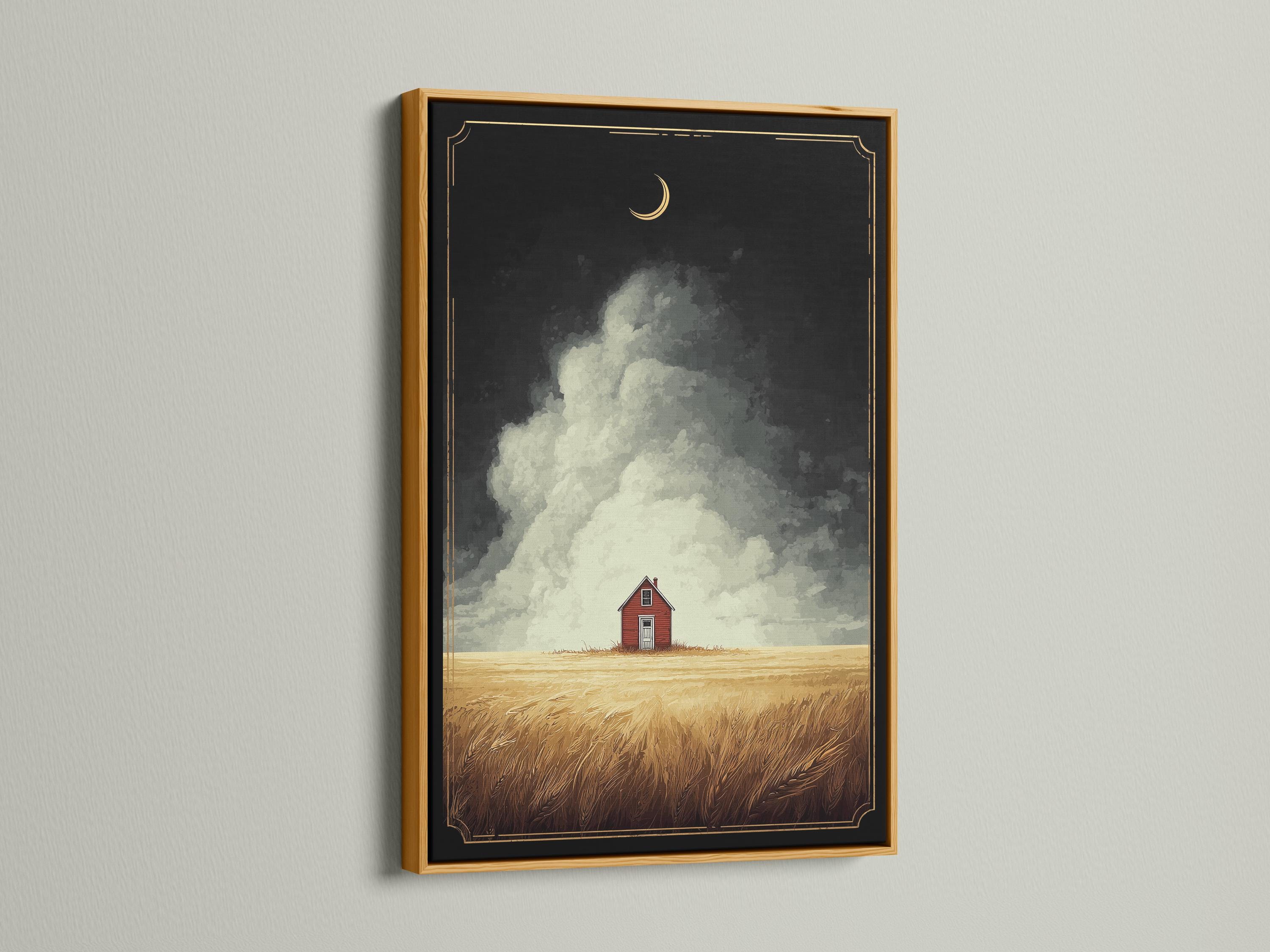Framed landscape mockup showing a red barn in a golden wheat field under a cloudy dusk sky