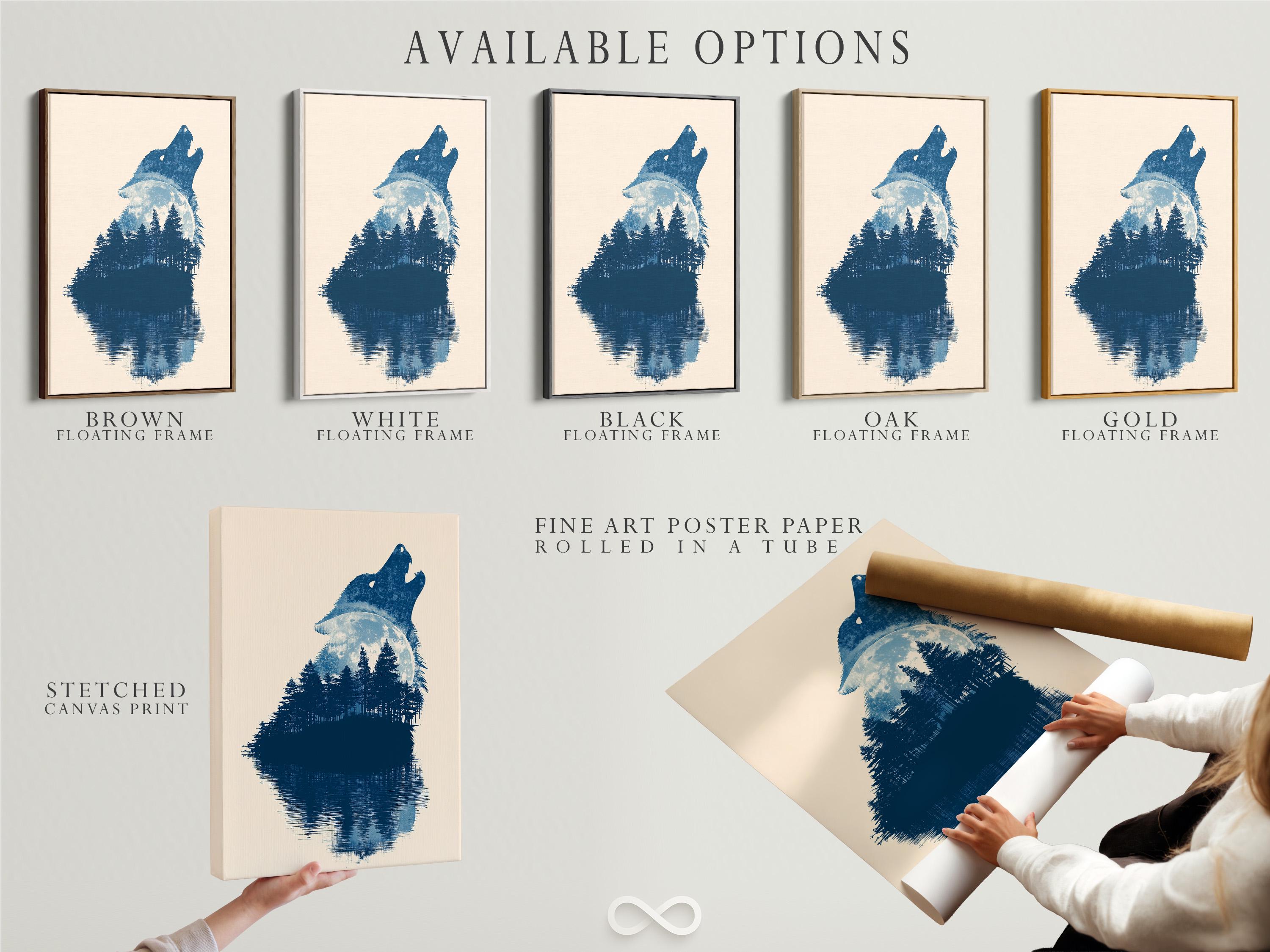 Indigo blue howling wolf silhouette filled with forest trees on a pale beige background detail view