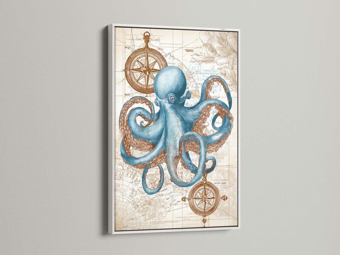 Blue octopus with curled tentacles over an antique map with compass rose motifs detail view