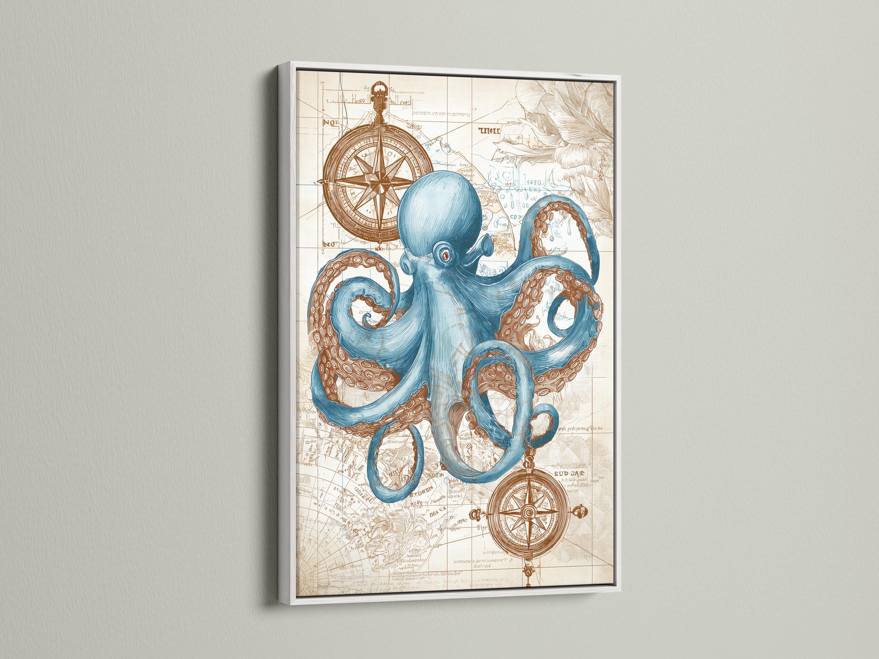 Blue octopus with curled tentacles over an antique map with compass rose motifs detail view