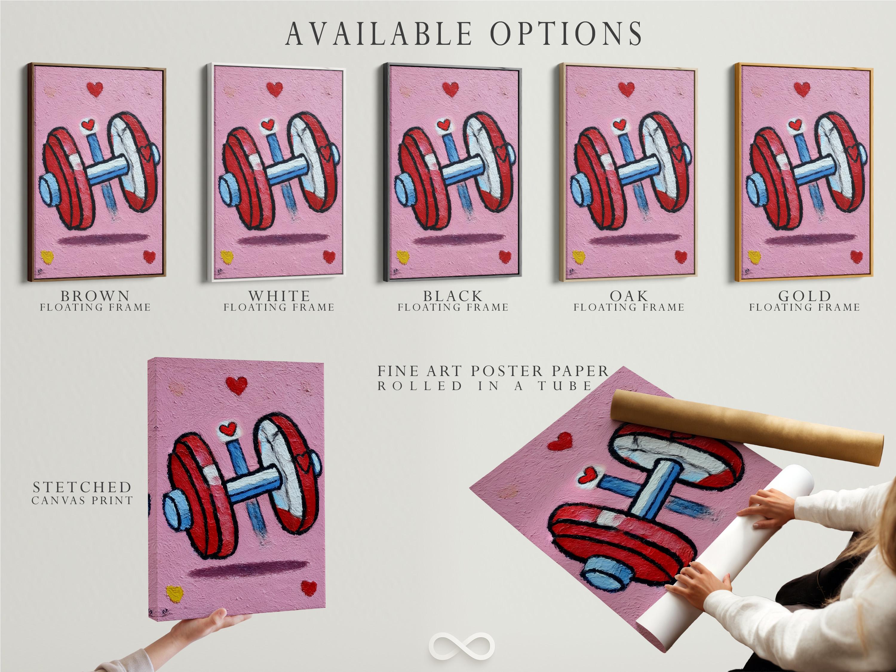 Room mockup showing a pink framed fitness artwork with a weightlifter holding a bar and red hearts