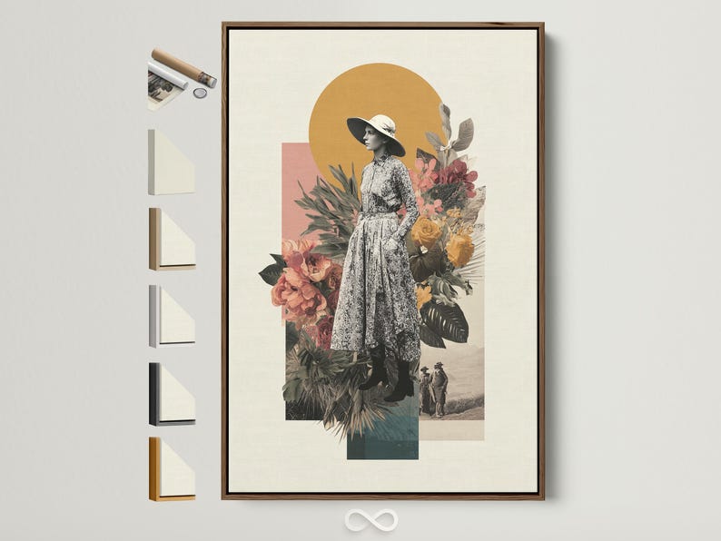 Vintage collage of a woman in a hat with tropical leaves and flowers against an ochre sun disc