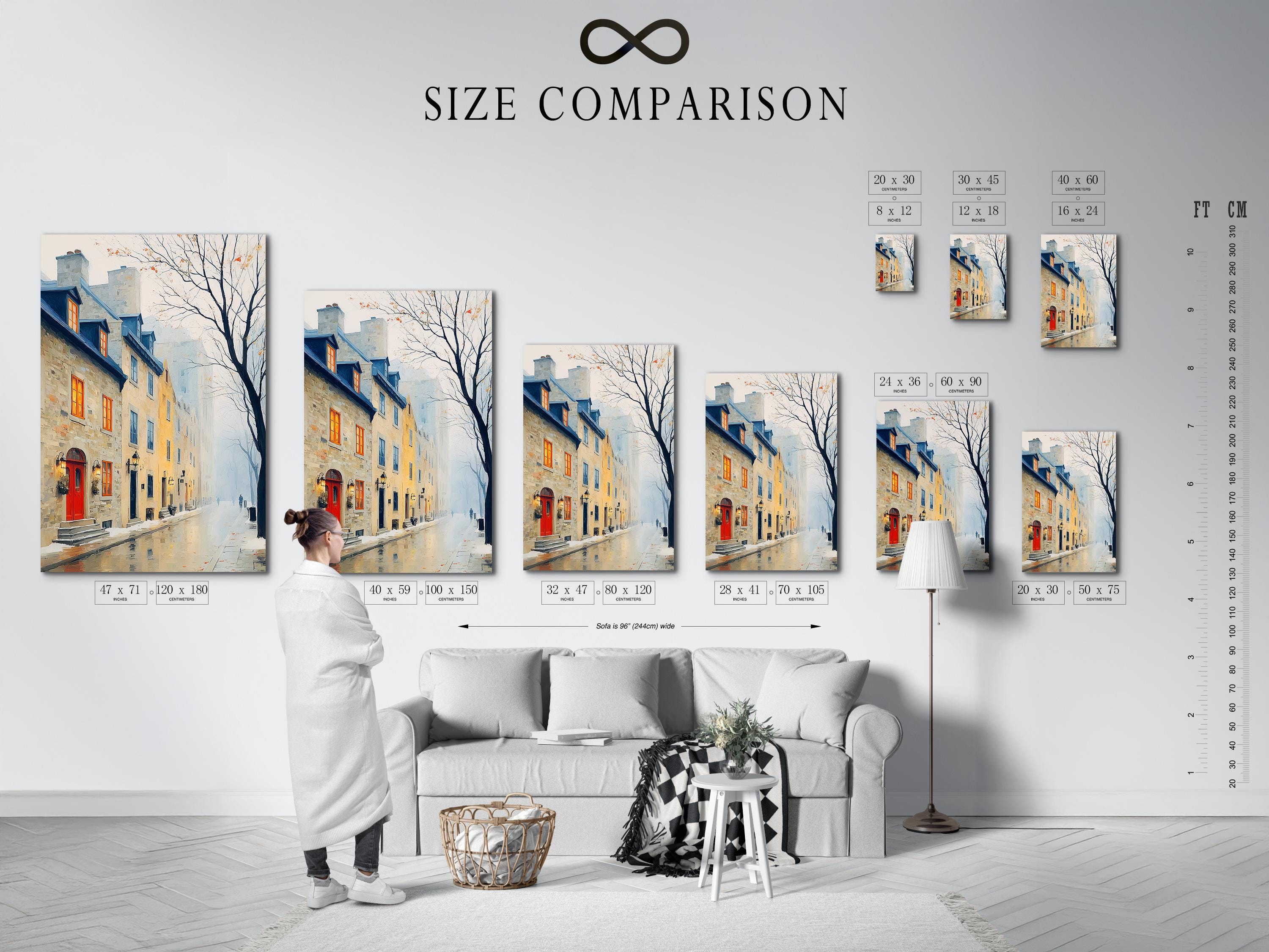 Portrait framed city street artwork mockup with foggy buildings and a red door