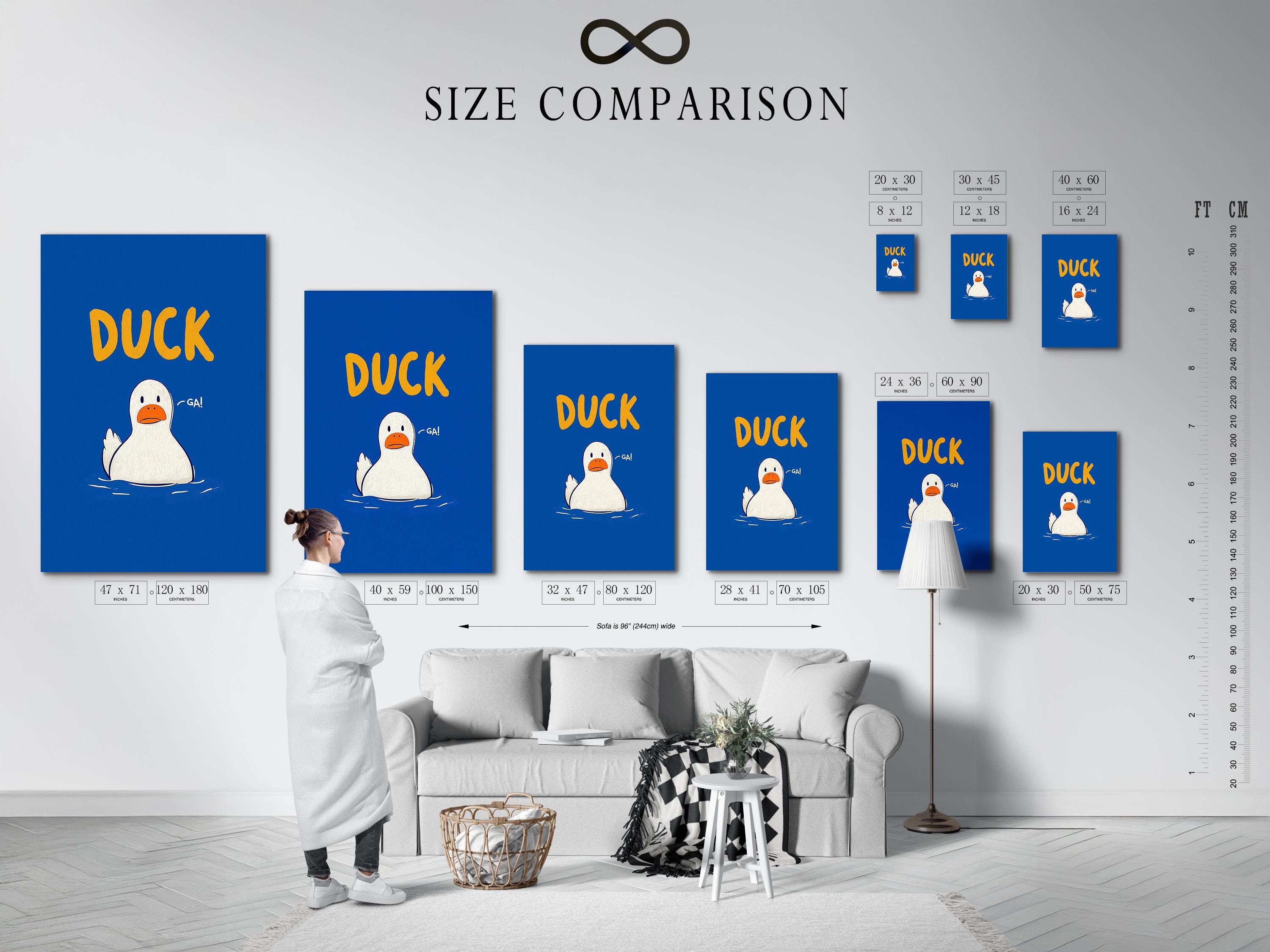 Room mockup showing blue framed duck artwork with orange “DUCK” text