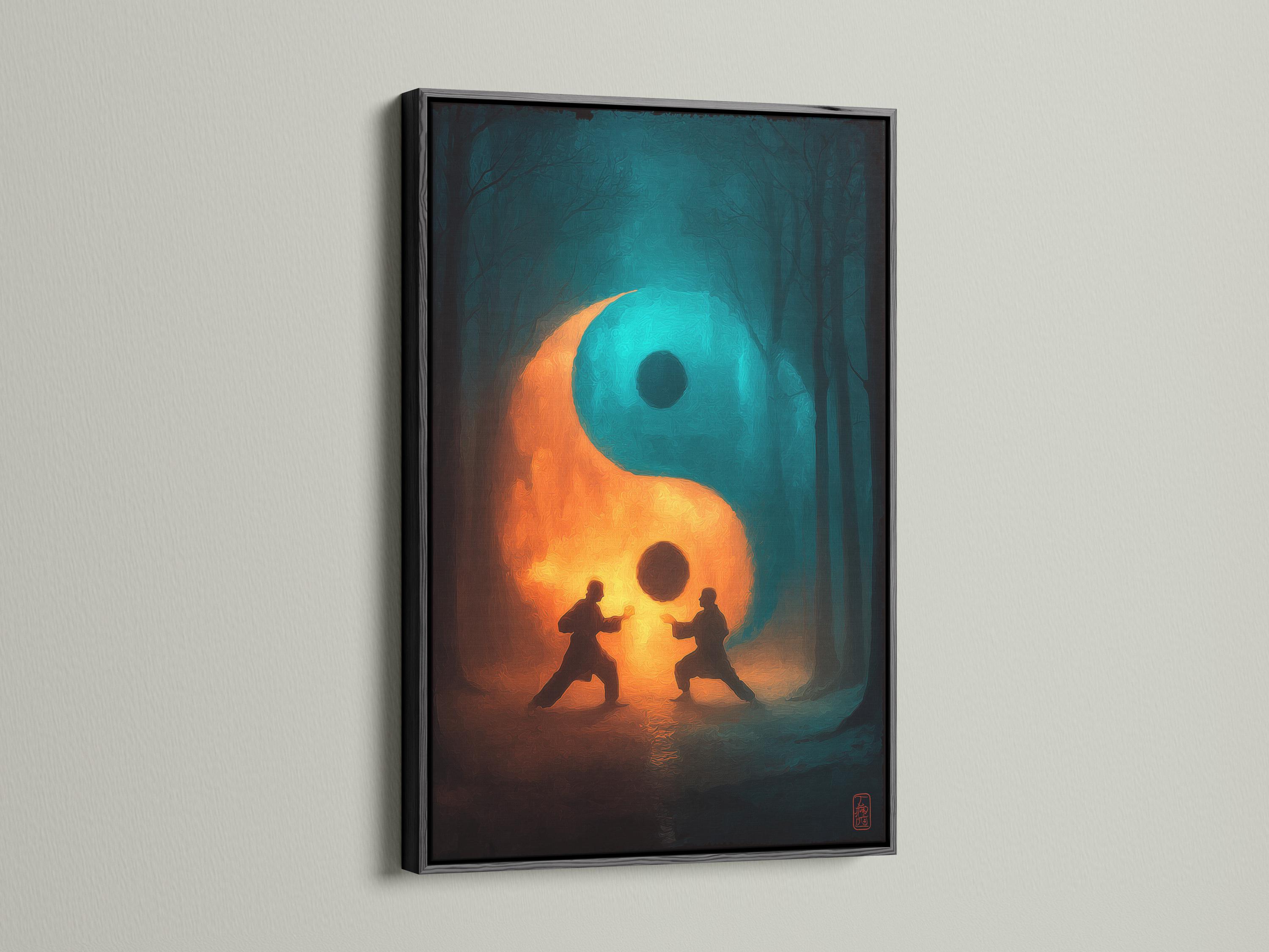 Room mockup showing a framed artwork with a teal and orange yin-yang symbol and two meditating figures