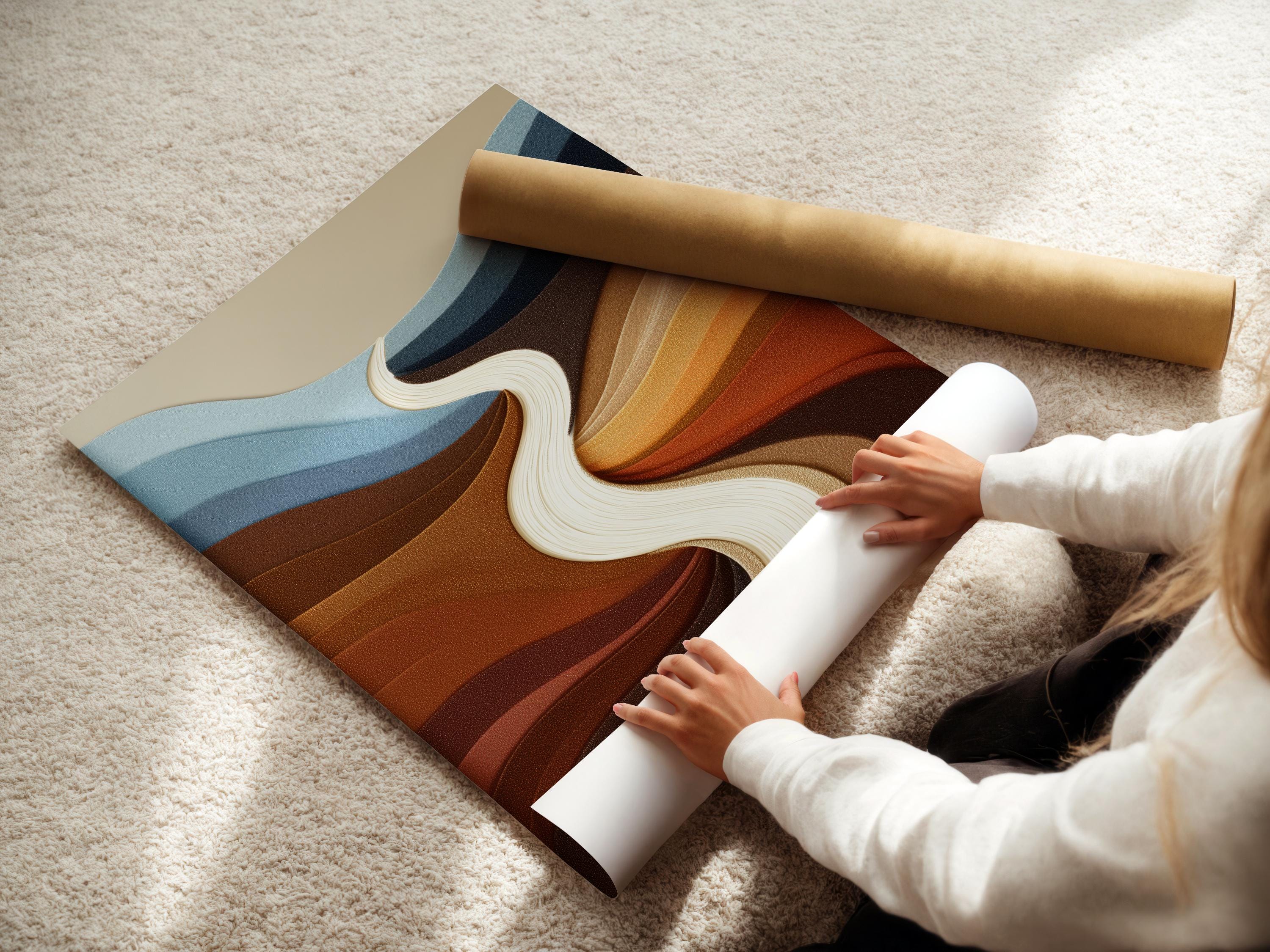 Abstract river-like flow with cream ribbon, blue-grey bands and warm brown terracotta curves detail view