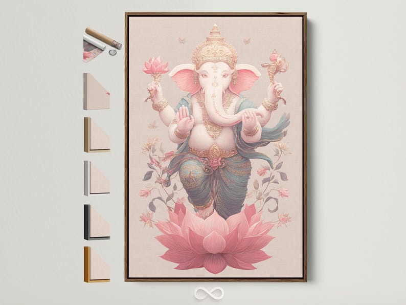 Elephant-headed deity figure with raised hands above a large pink lotus, with floral vines and butterflies