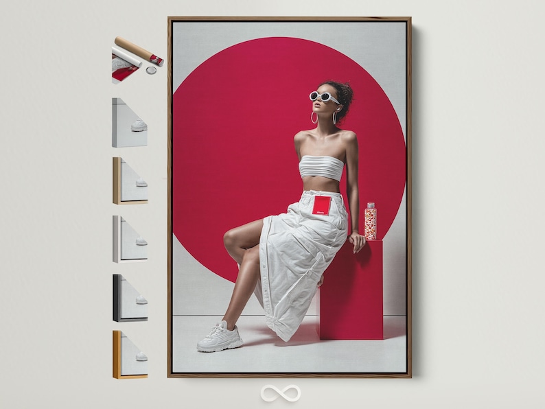 Red and white pop-art fashion portrait showing a woman in sunglasses beside a shopping bag and soda can