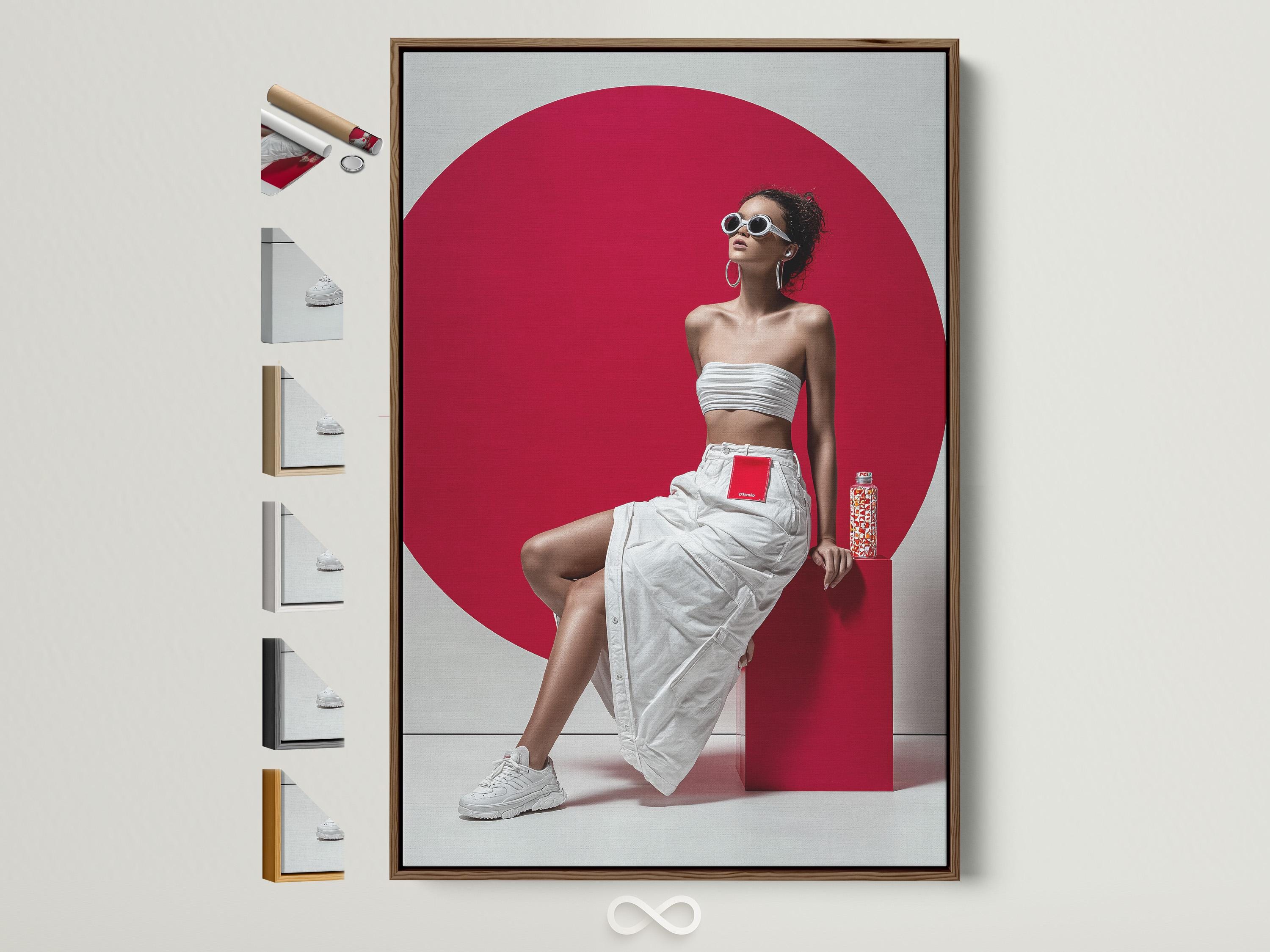 Red and white pop-art fashion portrait showing a woman in sunglasses beside a shopping bag and soda can