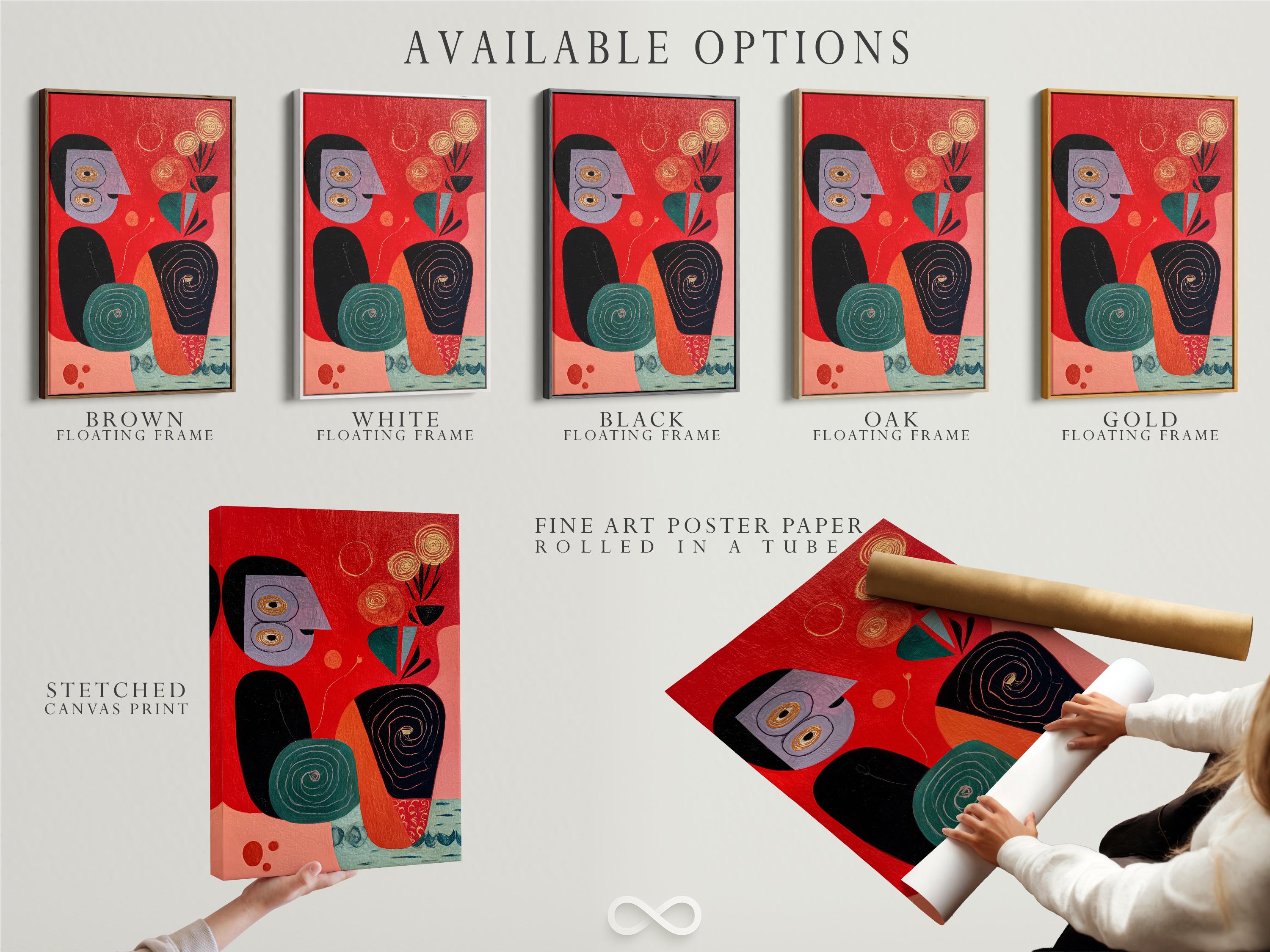 Abstract face artwork with red background, teal accents, black outlines and spiral details detail view