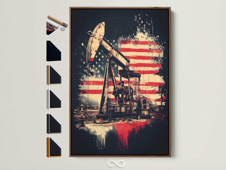 Oil rig with an American flag backdrop in red, white and blue, shown in a distressed industrial style