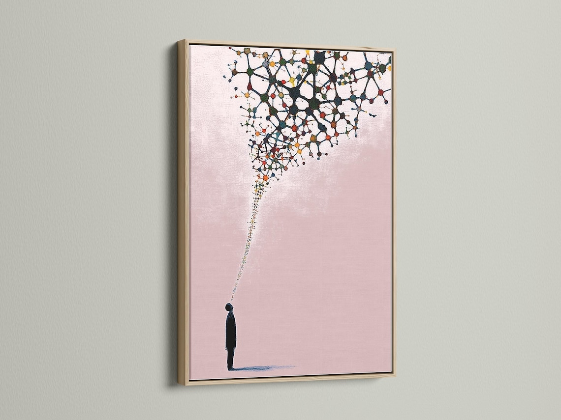 Blush pink abstract artwork with a black silhouette figure and branching network of coloured nodes detail view