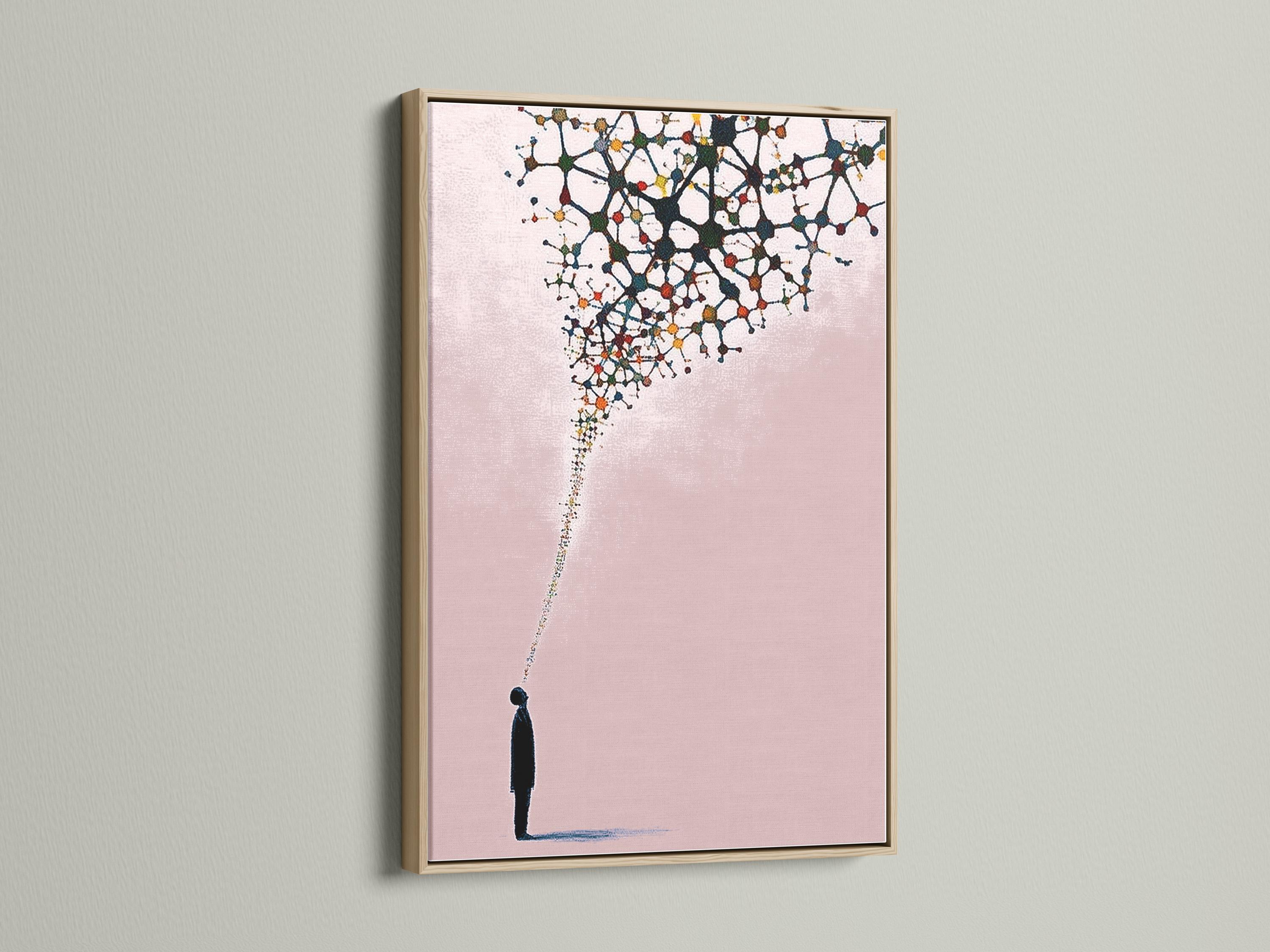 Blush pink abstract artwork with a black silhouette figure and branching network of coloured nodes detail view