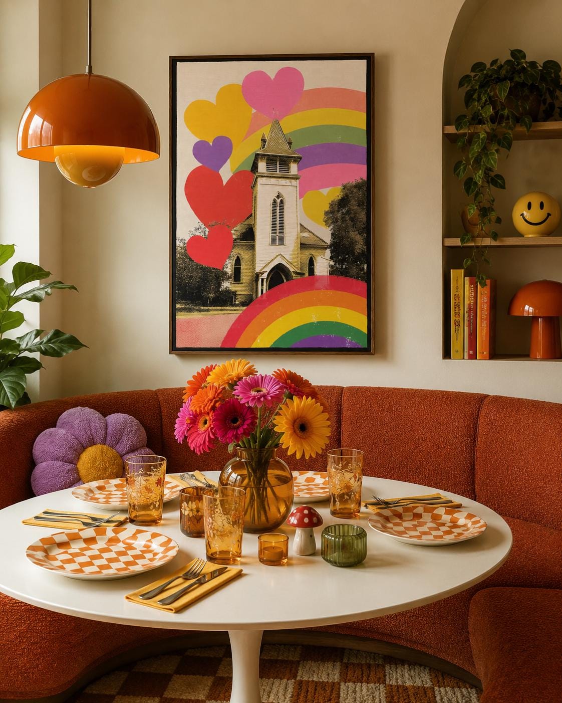 A person holding a mug sitting in a bedroom with a framed rainbow hearts church artwork on the wall