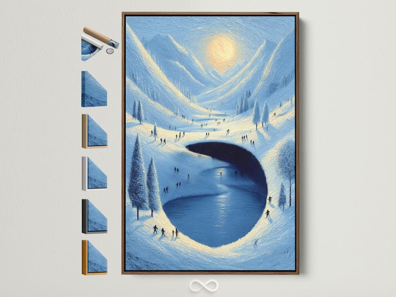 A snowy mountain valley scene surrounds a large dark-blue heart-shaped opening, with small silhouetted people walking across icy slopes under a pale