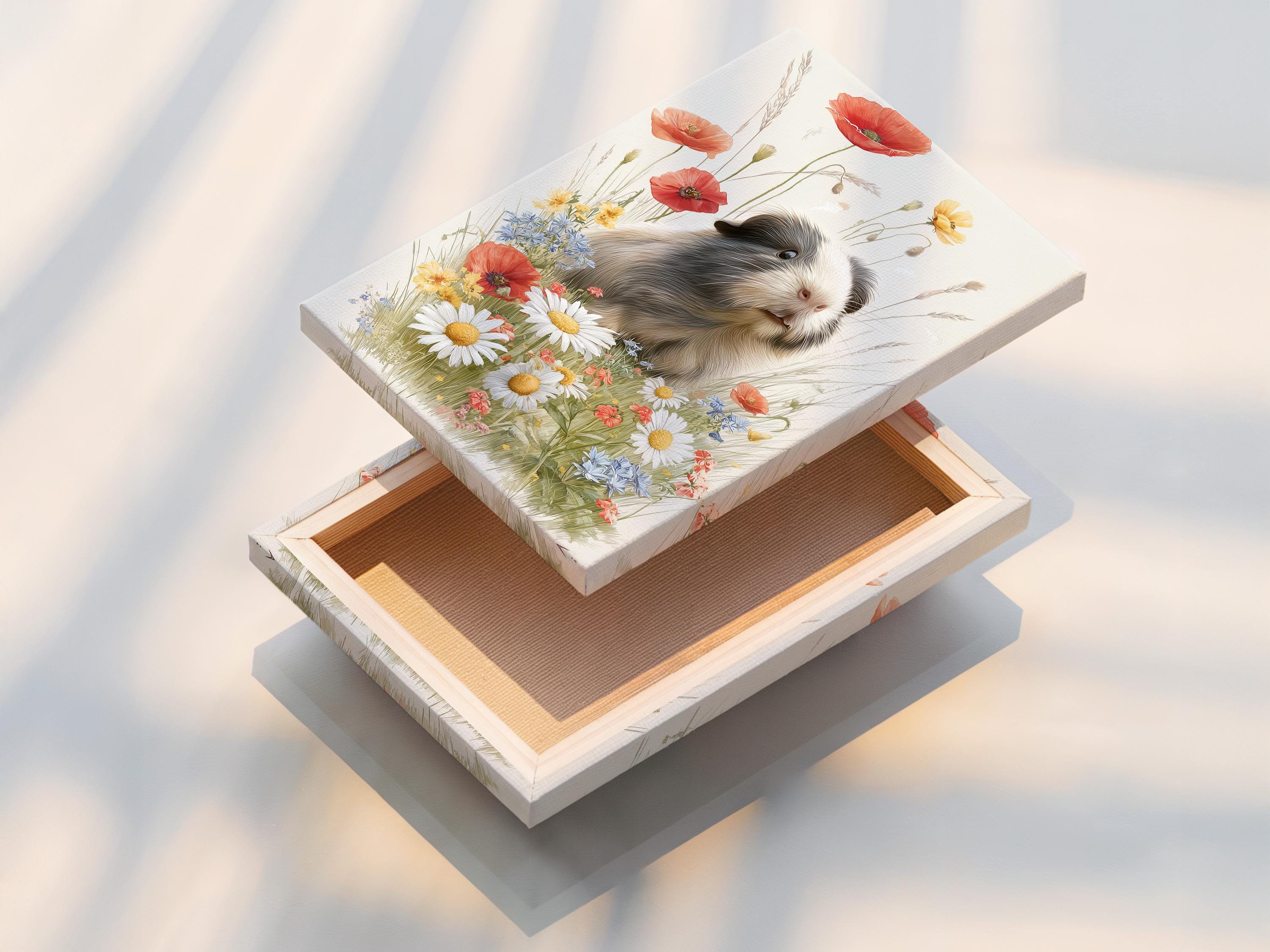 Guinea pig resting in a wildflower meadow with daisies, poppies and blue flowers detail view