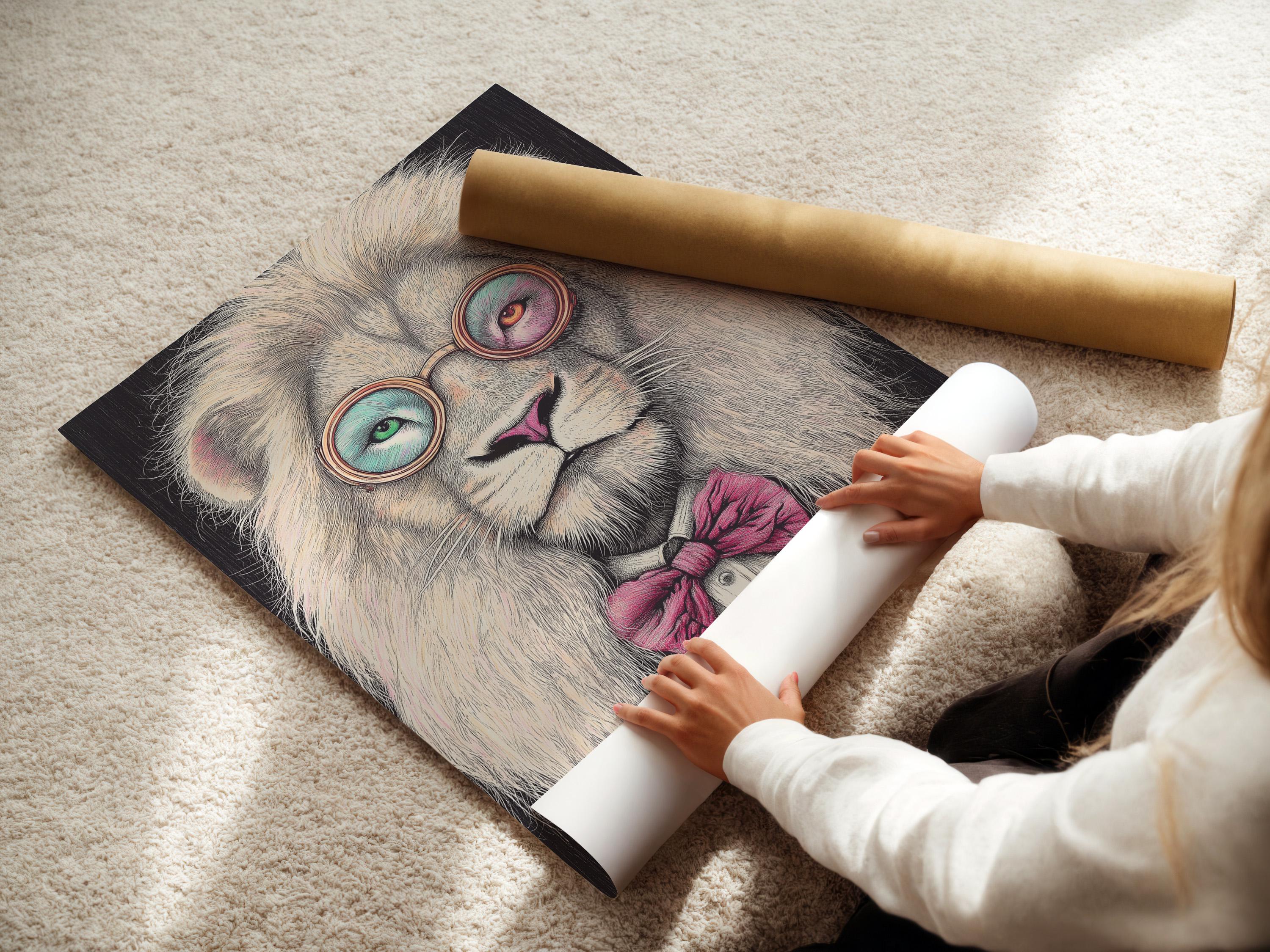 Stylised lion portrait with round glasses and a pink bow tie detail view